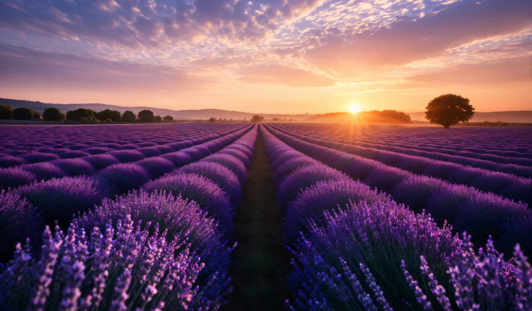 The image showcases a breathtaking landscape of lavender fields during sunset. The lavender plants are in full bloom, displaying vibrant shades of purple. The rows of lavenders are neatly aligned, leading the viewer's eyes towards the horizon. The sky is painted with hues of orange, pink, and blue, with scattered clouds reflecting the sun's golden rays. In the distance, silhouettes of trees and hills can be seen, adding depth to the scene.