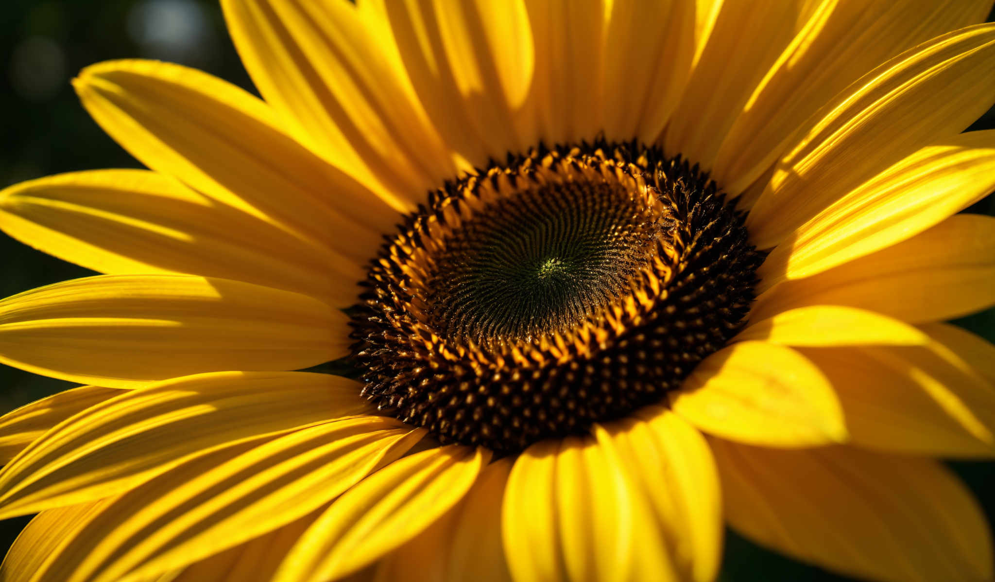 The image showcases a vibrant sunflower with bright yellow petals. The center of the sunflowers is dark brown with a circular shape, surrounded by tightly packed, small brown seeds. The petals have a smooth texture and are arranged in a radial pattern, radiating outwards from the center.