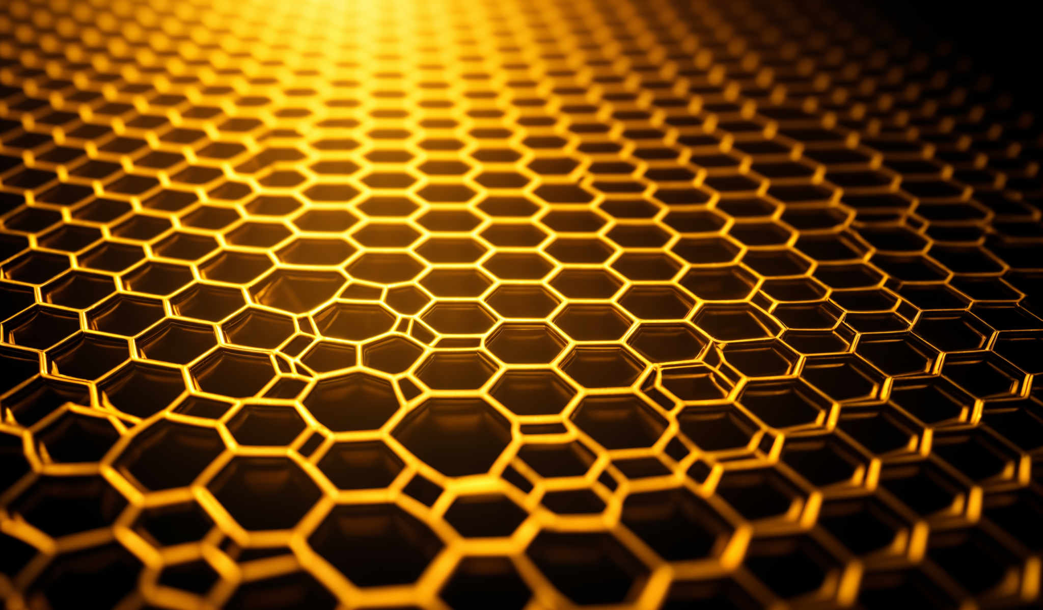 The image showcases a series of hexagonal shapes, closely packed together, creating a mesh-like pattern. The hexagons are illuminated in a golden hue, giving the image a warm and radiant appearance. The perspective suggests that the viewer is looking at a close-up of this pattern, with the depth increasing as the hexagones recede into the distance.