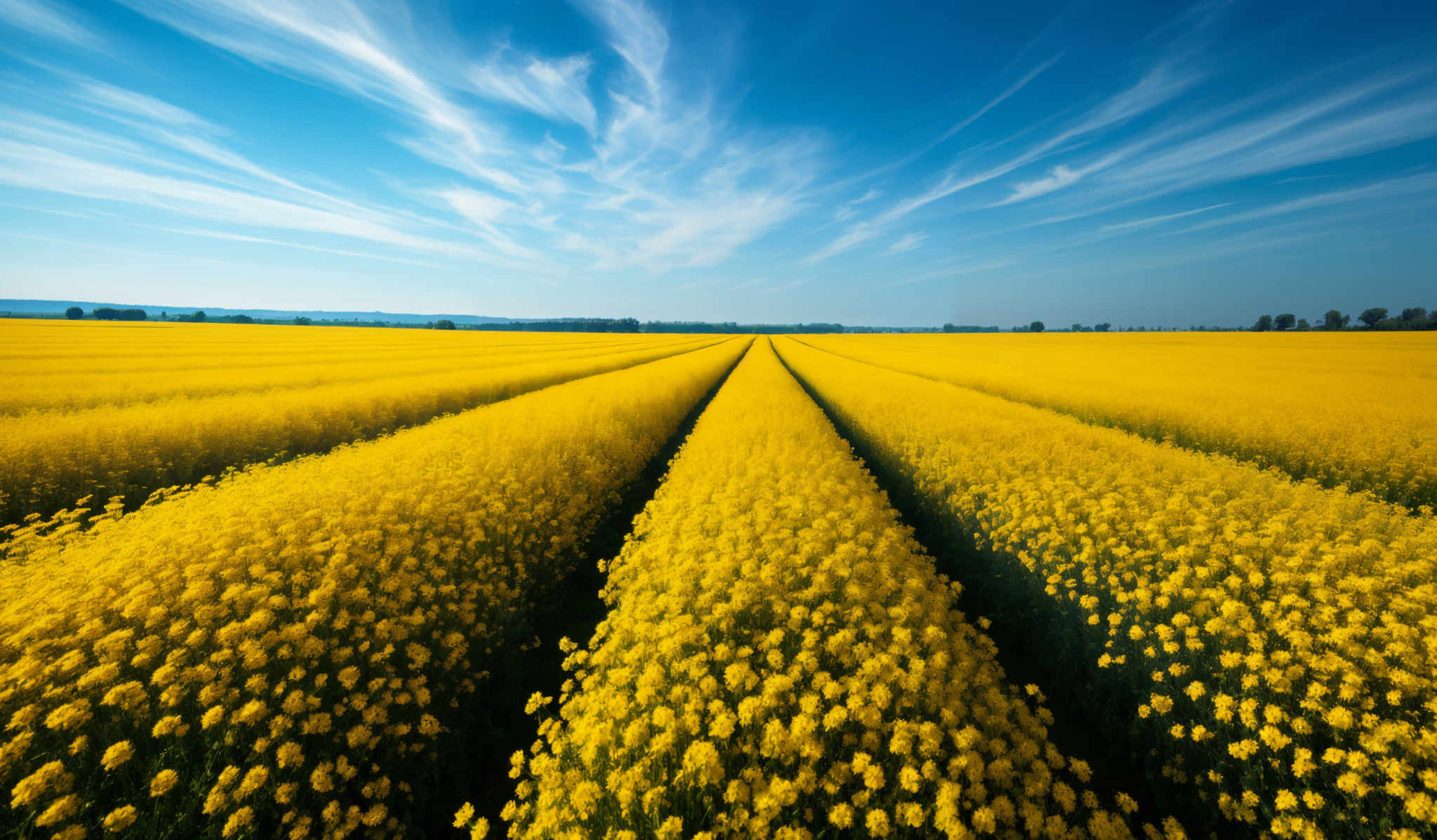 The image showcases a vast field of vibrant yellow flowers, stretching out to the horizon. The flowers are densely packed, creating a rich, textured pattern. The field is divided by straight, parallel lines that converge towards the center, creating an optical illusion of depth. Above, the sky is a clear blue with wispy white clouds, adding contrast to the bright yellow of the flowers.