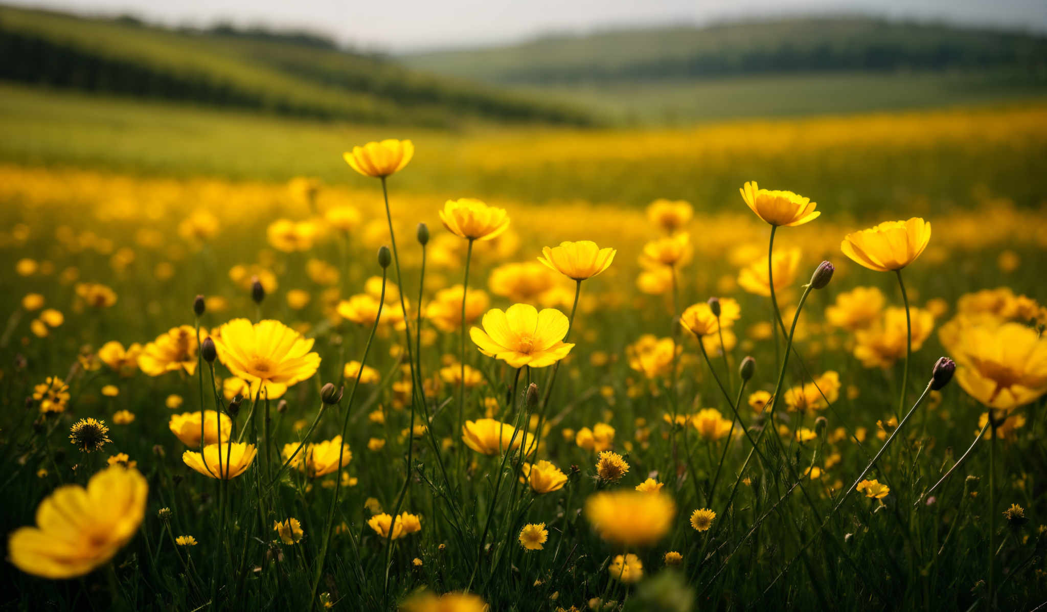 The image showcases a vibrant field of yellow flowers. The flowers have a round shape with multiple petals that radiate outward. The stems are slender and green. The background reveals a vast expanse of green fields, possibly hills or meadows, with a soft focus on distant trees.