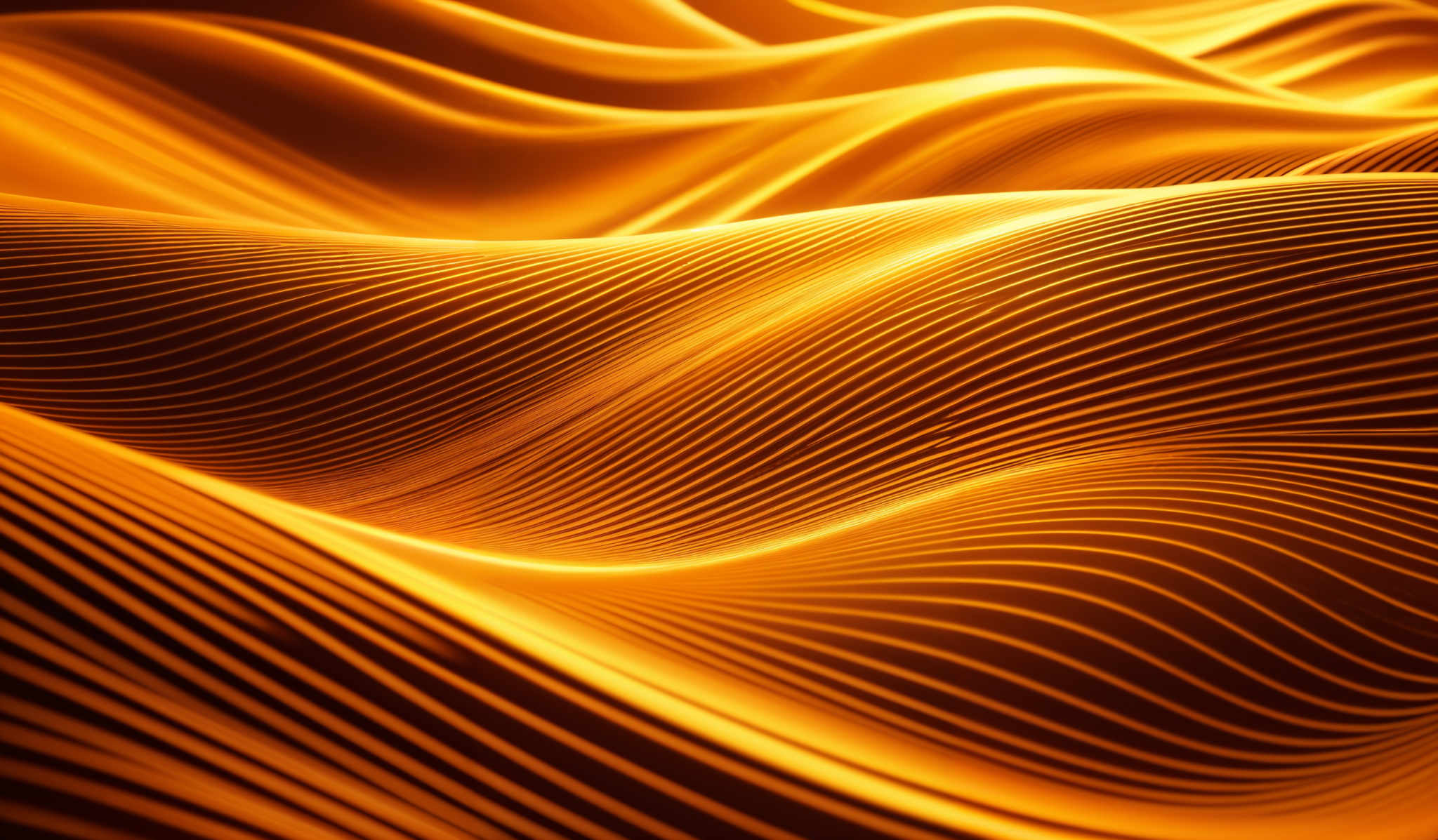 The image showcases a series of undulating, wavy lines in a golden hue. These lines are closely packed together, creating a sense of depth and movement. The color palette is dominated by various shades of gold, ranging from deep amber to bright yellow. The overall shape and design give an impression of a flowing, abstract landscape, reminiscent of sand dunes or ripples in a liquid.