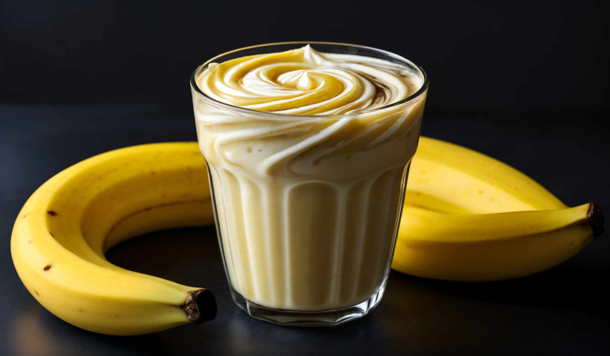 The image showcases a tall glass filled with a creamy yellow beverage, swirled with a white cream or froth on top. The beverage has a smooth texture, and the cream on top is swirling in a circular pattern. Surrounding the glass are two ripe bananas with a vibrant yellow color, placed on a dark background.