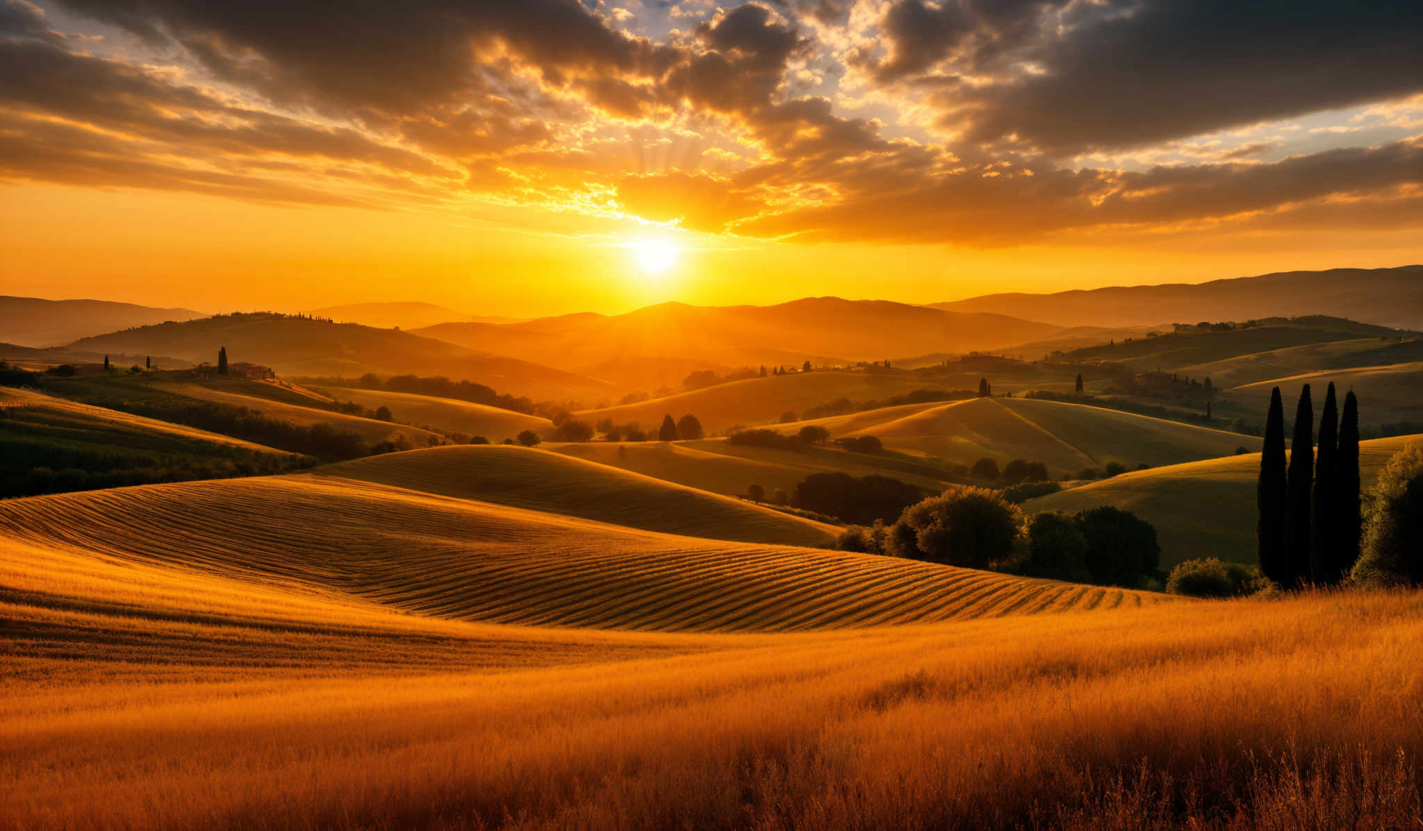 The image showcases a breathtaking landscape during sunset. The dominant colors are warm hues of orange, gold, and amber, reflecting the setting sun. The landscape is characterized by rolling hills, some of which are cultivated with lines suggesting crops. There are clusters of trees, particularly tall cypress trees, standing out against the horizon. The sun casts long shadows, adding depth to the scene. The sky is painted with a mix of clouds, some illuminated by the sun's rays and others in shadow, creating a dramatic effect.