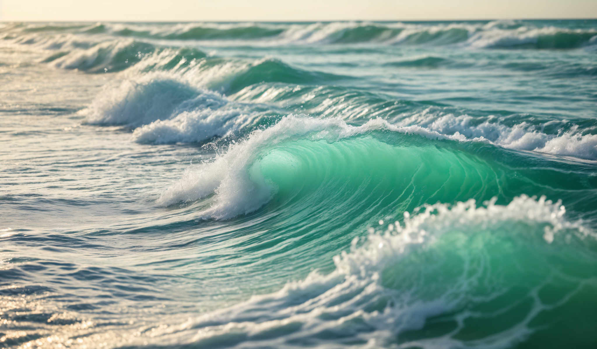 The image showcases a beautiful seascape with turquoise-colored waves crashing and forming a curl. The sunlight reflects off the water, creating a shimmering effect. The waves are white at their crest, indicating the force of the water as they break. The horizon is visible in the distance, and the sky appears clear.