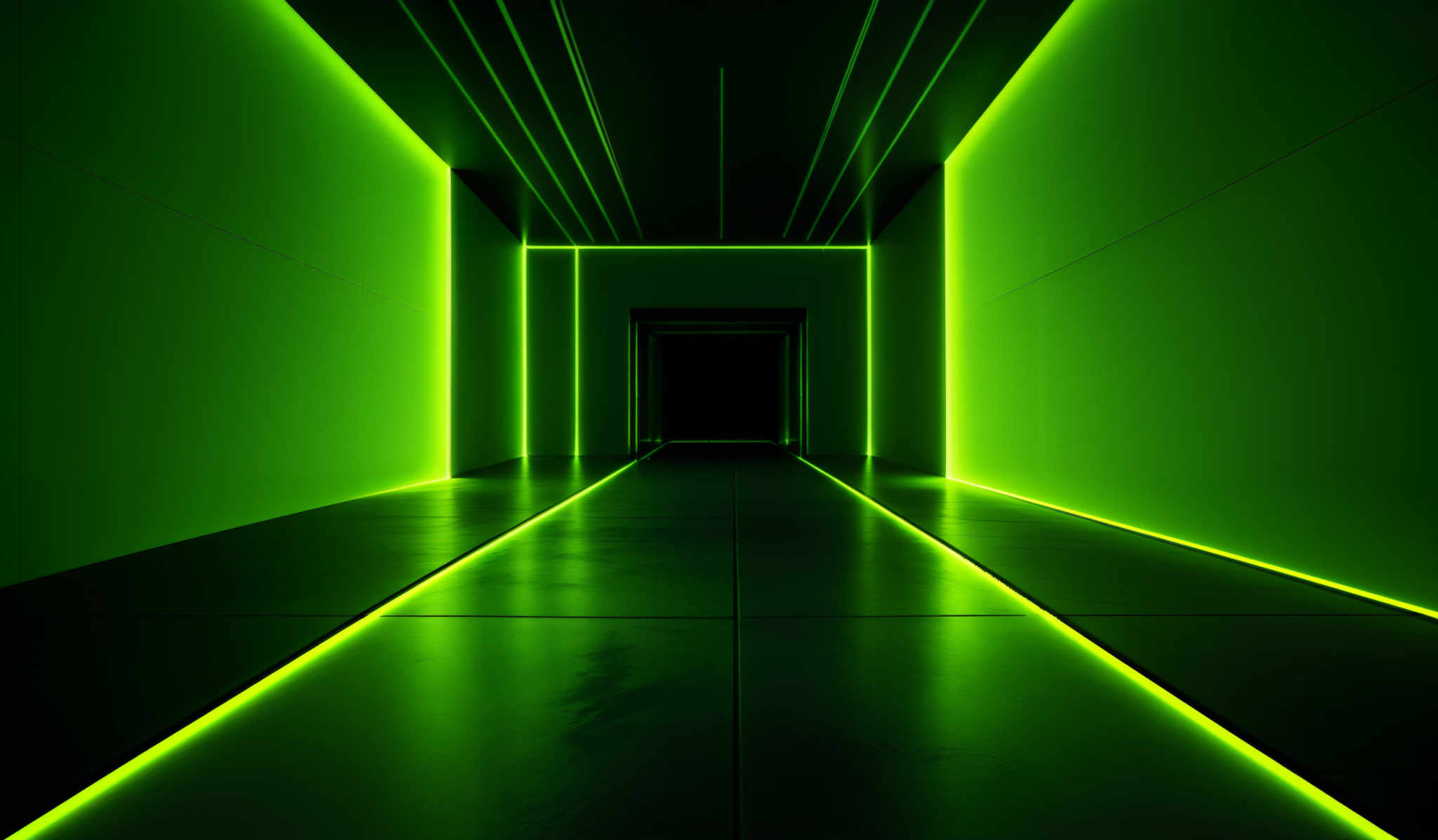 The image showcases a corridor with a modern and minimalist design. The dominant color is a vibrant shade of green, which is used both on the walls and the ceiling. The corridors are illuminated with a bright neon green light, creating a contrast with the darker walls and floor. The design is symmetrical, with the corridoral path leading to a dark, rectangular doorway at the end. The floor appears to be made of smooth, reflective tiles, and the walls have a matte finish.