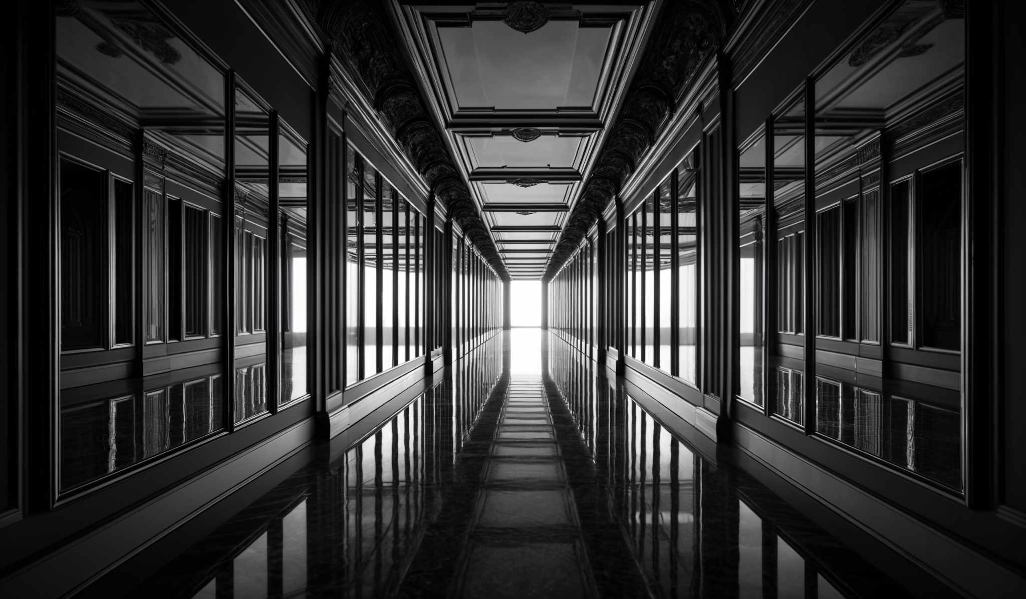 The image showcases a symmetrical corridor with a series of ornate columns on either side. The corridors are adorned with intricate moldings and decorative ceilings. The walls are lined with large, rectangular mirrors that reflect the corridory, creating a sense of depth and infinity. The floor is polished and glossy, reflecting the mirrors and the ceiling. The color palette is predominantly monochromatic, with shades of black, white, and gray, giving the space a sophisticated and elegant appearance.