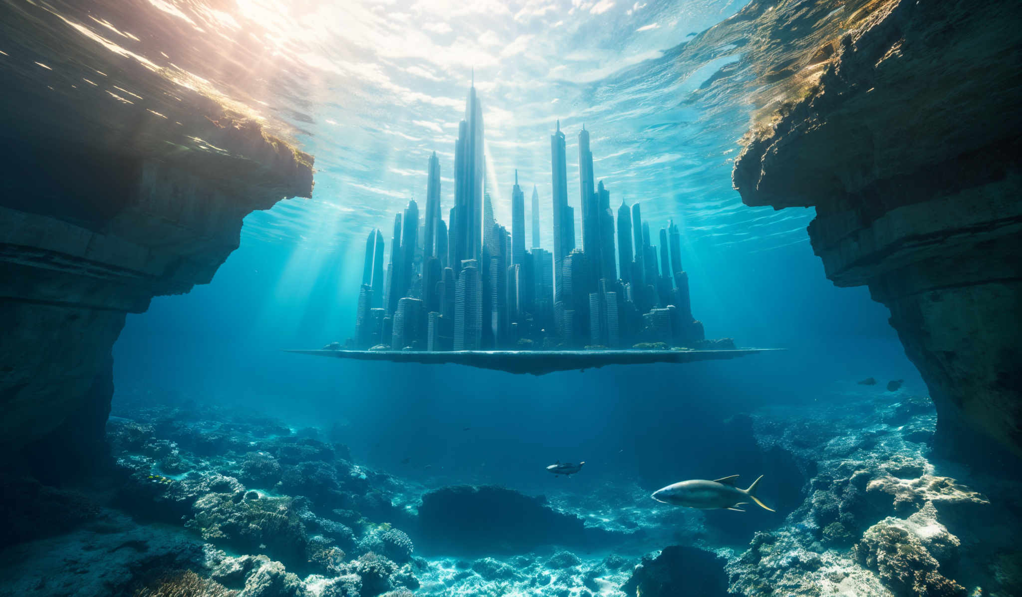 The image showcases a stunning underwater scene. The water is a deep blue, transitioning to a lighter hue near the surface. Sunlight pierces through the water, creating a shimmering effect. In the foreground, there are rocky formations that frame the view. Dominating the center is a futuristic cityscape, with tall skyscrapers reaching towards the surface, surrounded by water. The city appears to be built on a platform or island. Below the city, the ocean floor is teeming with life. There are various fish swimming around, and coral formations can be seen. The entire scene is a blend of nature and human-made architecture, creating an awe-inspiring juxtaposition.