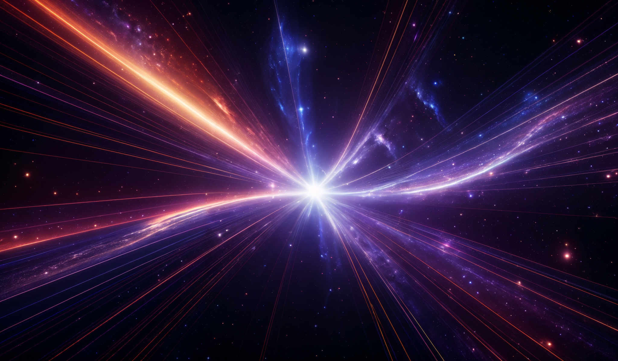 The image showcases a vibrant cosmic scene with a central burst of light emanating radiant beams of color. These beams transition from a fiery orange and red at the edges to a cooler blue and purple towards the center. The background is filled with a deep blue space dotted with numerous stars. The overall shape is reminiscent of a burst or explosion, with the light rays spreading outwards in all directions.