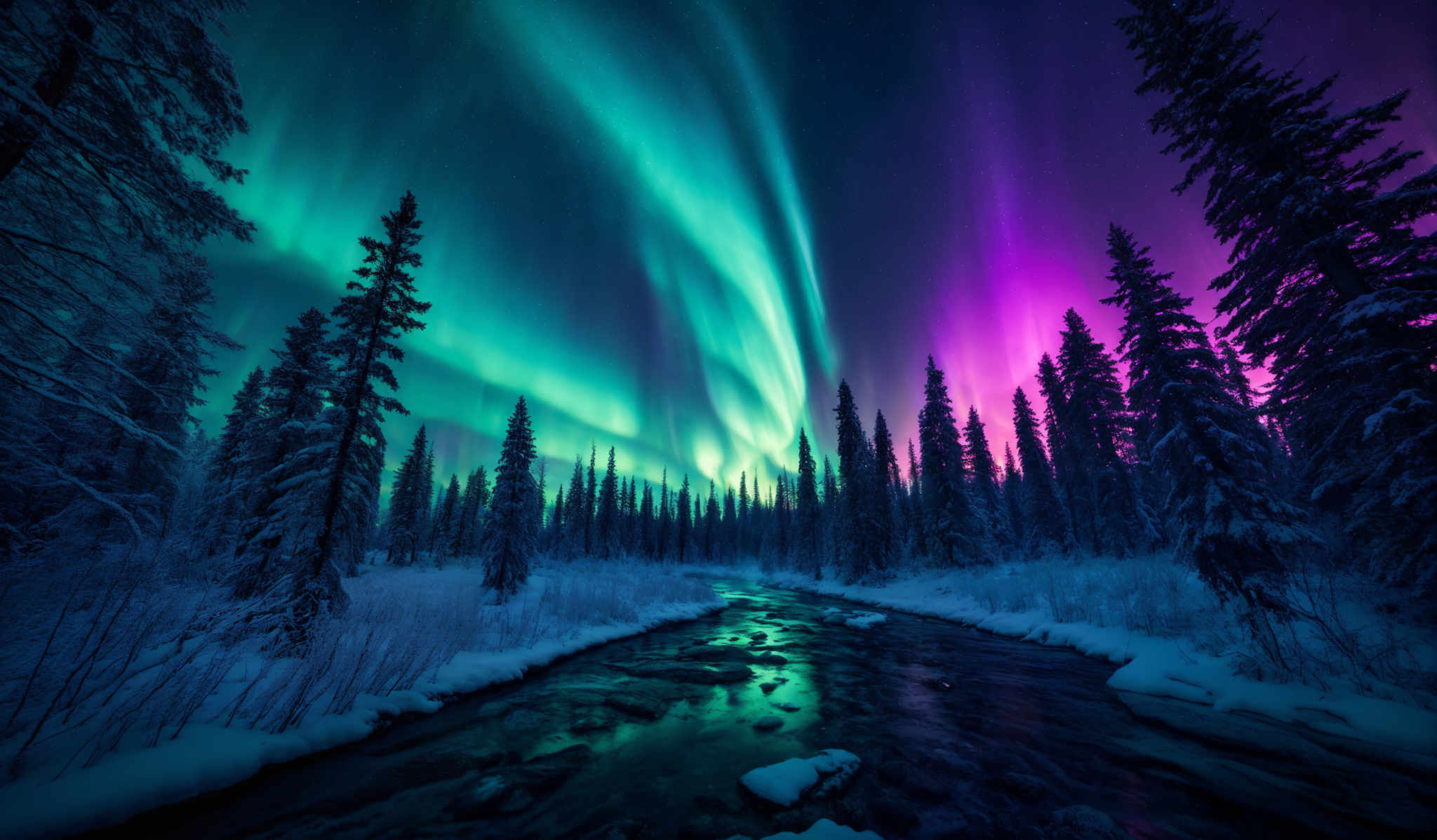 The image showcases a breathtaking view of the Northern Lights, also known as the Aurora Borealis. These lights display a mesmerizing array of colors, including vibrant shades of green, purple, and pink. The shape of the lights is wavy and streaks across the night sky, creating a beautiful contrast against the dark backdrop. The landscape below is snow-covered, with tall evergreen trees standing majestically. A serene stream flows through the scene, reflecting the colors of the sky. The entire scene is illuminated by the ethereal glow of the Auroras, creating an otherworldly atmosphere.