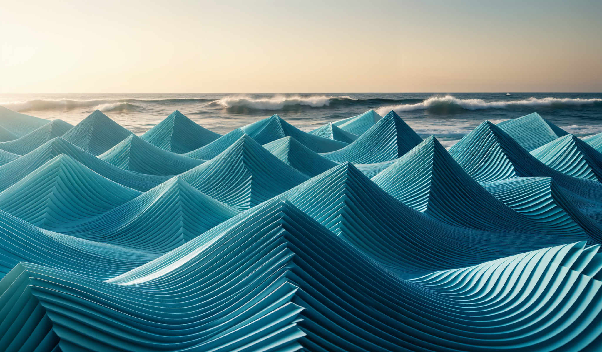 The image showcases a series of undulating, wave-like structures made of a translucent material. These structures are layered in a repetitive pattern, creating a rhythmic and mesmerizing effect. The color of these structures is a deep shade of turquoise or teal. In the background, there's a serene seascape with waves crashing against the shore, and the sky is painted with hues of orange and blue, suggesting either a sunrise or sunset.