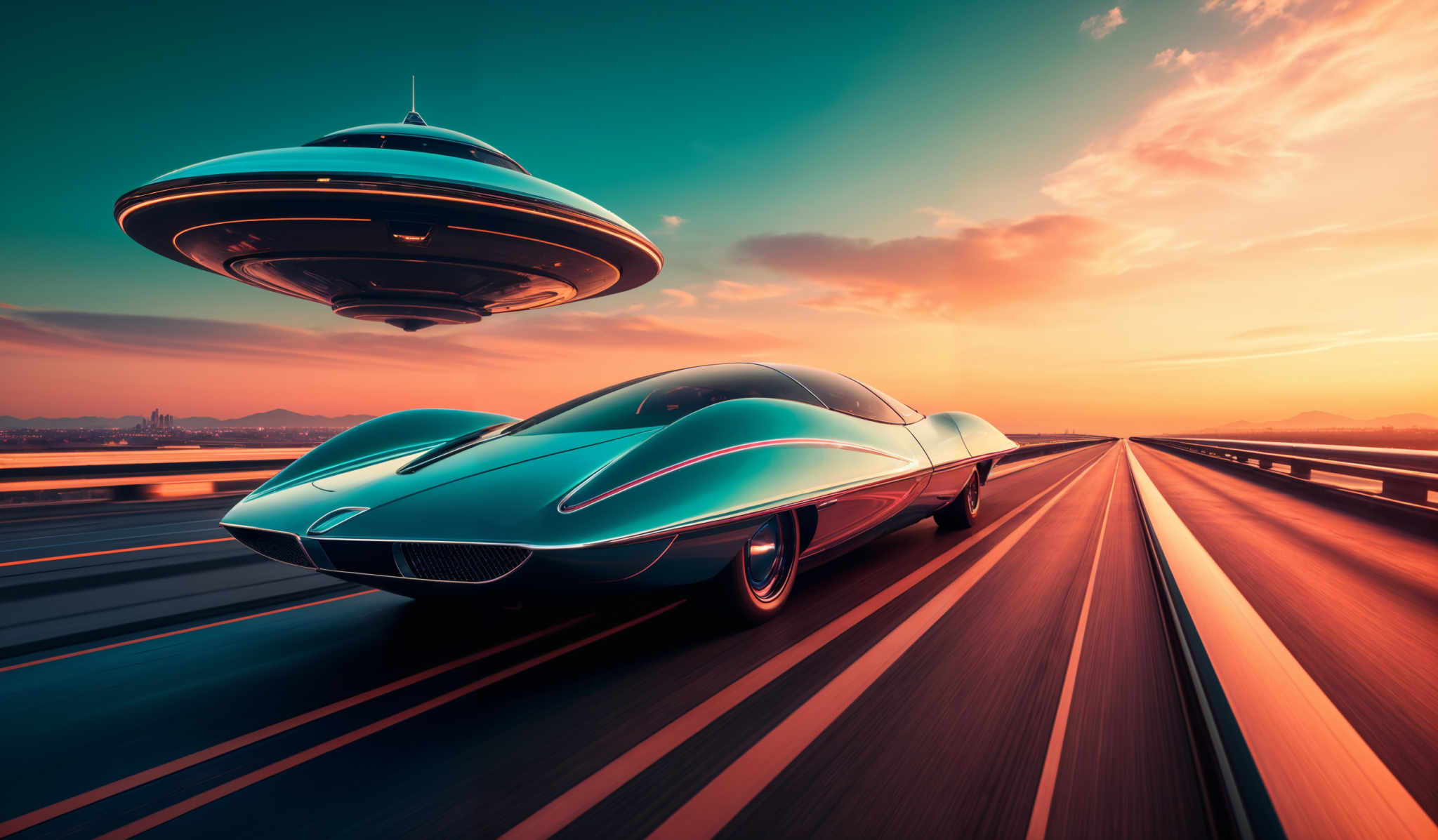 The image showcases a vibrant scene with a futuristic car and a flying saucer. The car is sleek and aerodynamic, with a metallic blue hue and sharp, angular designs. It's speeding along a highway with neon-like stripes on the road. Above the car, a large, saucer-shaped UFO hovers, reflecting the colors of the sunset. The sky is painted with hues of orange, pink, and blue, indicating either sunrise or sunset, and there are mountains in the distance.