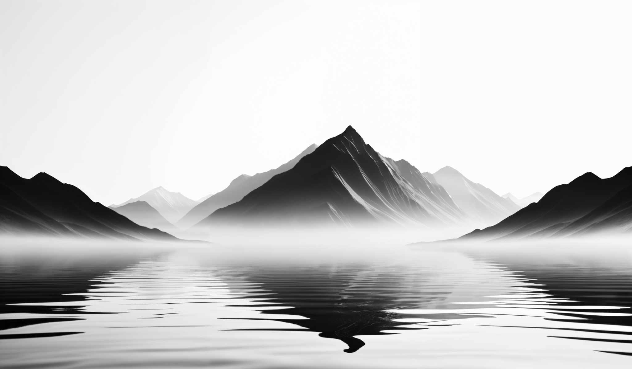 The image showcases a serene landscape with a series of mountains. The mountains are depicted in varying shades of gray, with the darkest peak in the center. These mountains are reflected in a calm body of water below, creating a mirror image. The sky above is clear, allowing the mountains to stand out prominently. The overall color palette is monochromatic, emphasizing the contrast between the mountains and the water.