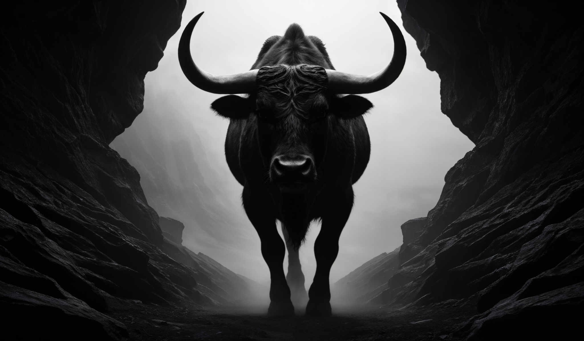 The image predominantly features monochromatic shades of black, white, and gray. The central figure is a large bull with prominent curved horns, standing amidst a rugged terrain. The bull's face is detailed, showcasing its eyes, nose, and mouth. The surrounding environment consists of dark, jagged rock formations that seem to frame the bull, creating an almost ethereal or mystical ambiance.