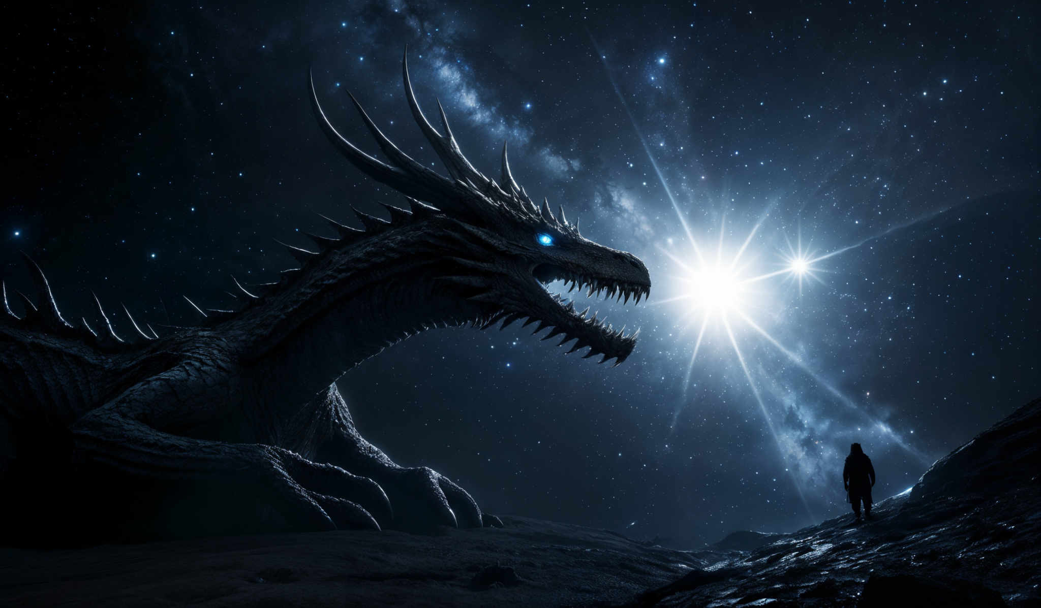 The image showcases a vast cosmic backdrop with a myriad of stars, nebulae, and galaxies. Dominating the foreground is a massive, intricately detailed dragon with sharp, horn-like structures, glowing blue eyes, and spiky scales. The dragon appears to be emerging from a rugged terrain, with its body sprawled across the landscape. To the right of the dragon, a lone figure stands, gazing up at the creature, possibly in awe or contemplation. The figure is silhouetted against the bright light emanating from the dragoon's eyes, creating a dramatic contrast.