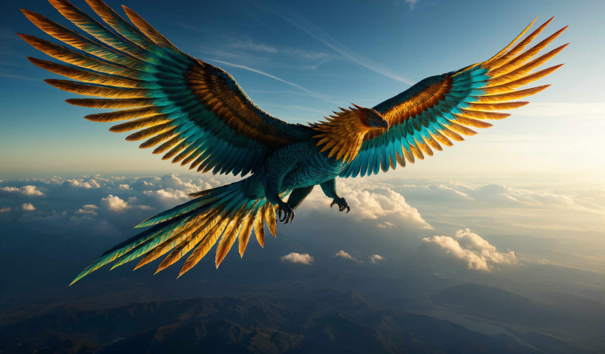 The image showcases a majestic bird, possibly a fantastical or mythical creature, soaring above the clouds. The bird has vibrant, multi-colored feathers, predominantly in shades of blue, gold, and turquoise. Its wings are spread wide, displaying a beautiful gradient of colors. The creature's head is adorned with a golden hue, and its eyes are sharp and focused. The background reveals a breathtaking view of the sky, dotted with fluffy white clouds, and below, there are mountain ranges and valleys.