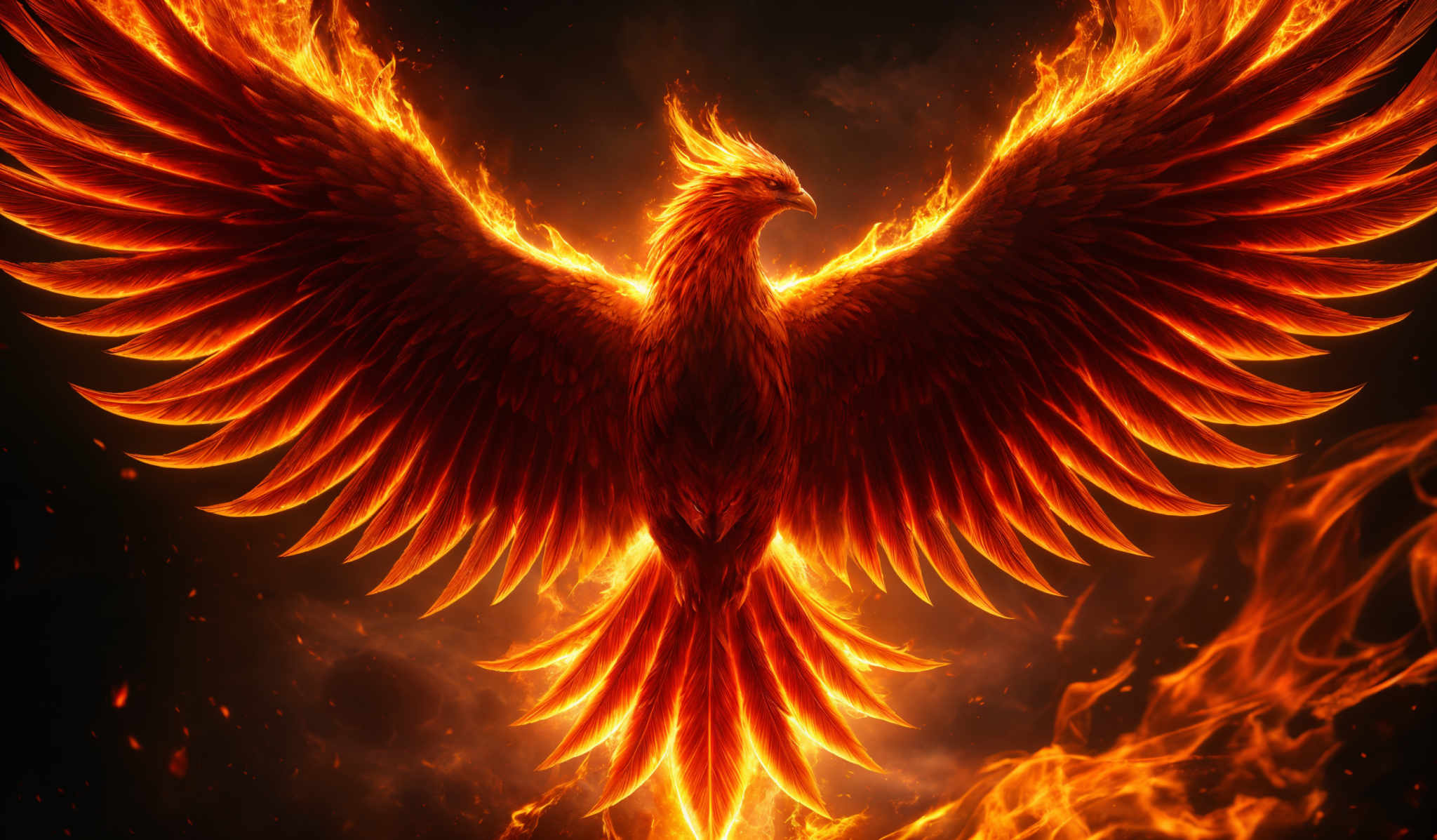 The image showcases a vibrant depiction of a bird, specifically a phoenix, emerging from flames. The bird is in full spread, with its wings wide open, displaying a brilliant display of fiery orange and red hues. The flames envelop the bird, giving it an ethereal and majestic appearance. The background is dark, emphasizing the brightness and intensity of the flames and the bird.