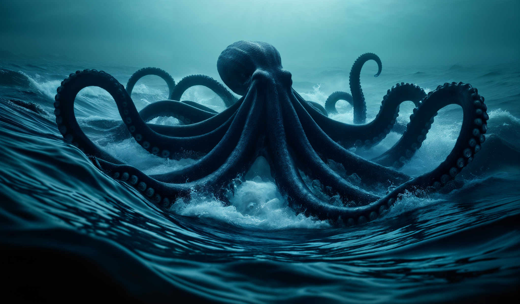 The image showcases a massive octopus emerging from the turbulent waters. The octopus has a dark, almost black hue with its tentacles spread out, displaying a myriad of suction cups. The background is a deep blue, representing the ocean, with waves crashing around. The light source seems to be coming from above, casting a glow on the water's surface and creating a dramatic effect.