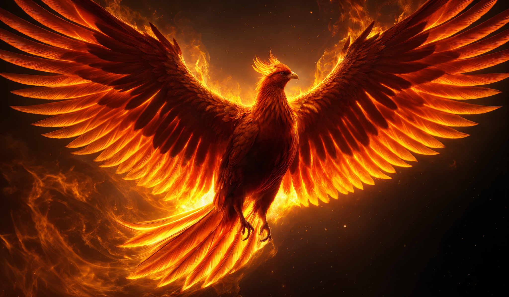 The image showcases a vibrant depiction of a bird, specifically a phoenix, in mid-flight. The bird is surrounded by flames, with its wings spread wide, showcasing a brilliant display of fiery orange and red hues. The feathers are intricately detailed, with each strand glowing with a fiery intensity. The background is dark, emphasizing the brightness of the bird and the flames.