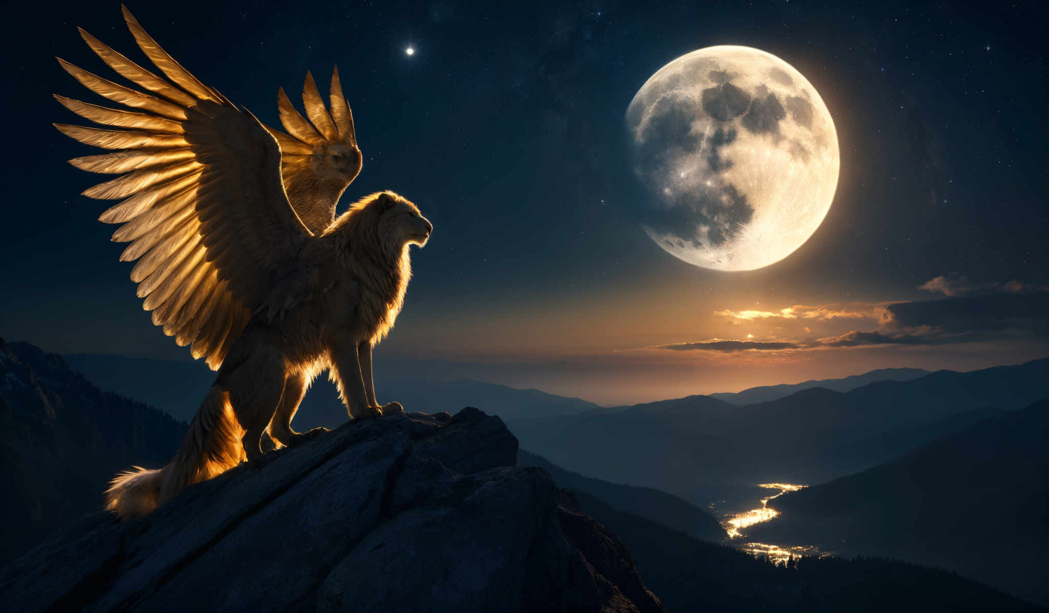 The image showcases a majestic creature with wings resembling a griffin or eagle, perched on a rocky peak. The creature is illuminated by a golden hue, possibly from the setting or rising sun, casting a warm glow on its feathers. The wings are expansive, displaying a myriad of feathers that are beautifully detailed. The background features a breathtaking view of a mountain range with valleys below. Above, the night sky is dotted with stars, and a large, luminous moon is prominently displayed, casting its glow over the landscape.