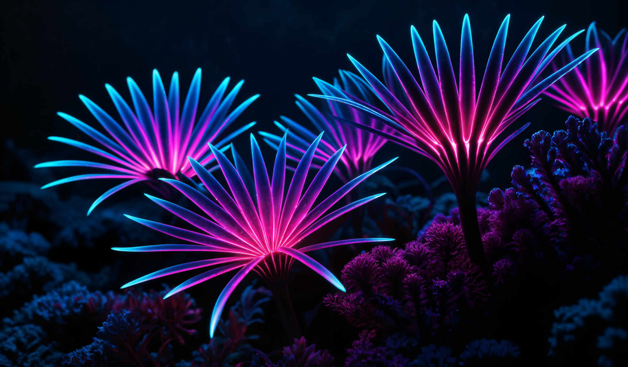 The image showcases vibrant neon colors, predominantly shades of pink, blue, and purple. The shapes are reminiscent of elongated, star-like structures with sharp, pointed tips. These structures appear to be emitting a glow, illuminating the surrounding area with a radiant light. The background is dark, which accentuates the luminescence of the structures, giving them a surreal and ethereal appearance.