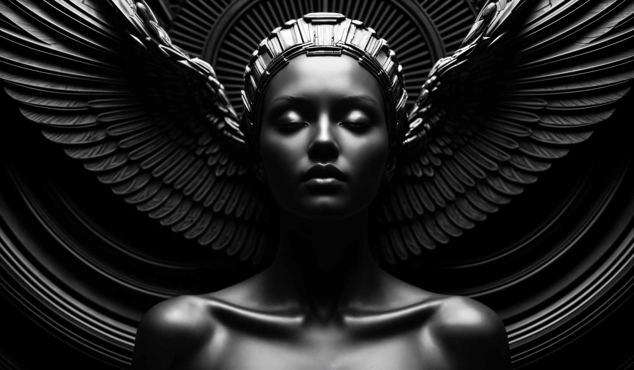 The image showcases a monochromatic palette, predominantly in shades of black and white. The central figure is a woman with closed eyes, appearing serene. She has intricately designed wings extending from her back, resembling those of a bird. The wings are symmetrical and detailed, with layered feathers. The woman wears a headpiece that seems to be made of metal, with a design reminiscent of ancient Egyptian crowns. The background consists of concentric circular patterns, adding depth and a sense of motion to the composition.