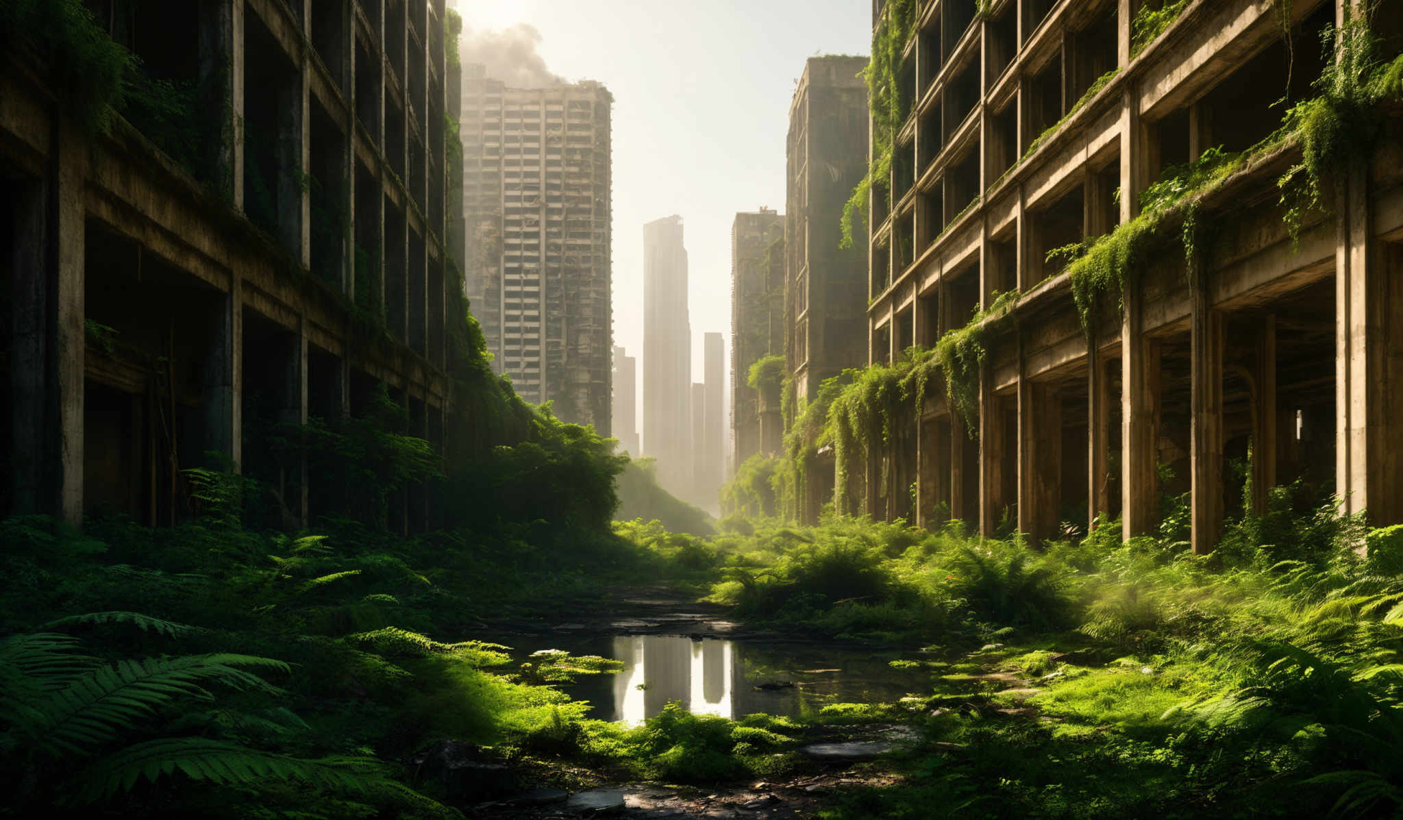 The image showcases a post-apocalyptic urban setting. The dominant colors are various shades of green from the overgrown vegetation, contrasted with the gray and brown of the abandoned buildings. The buildings are tall and have multiple floors, with large windows that are now covered in moss and vines. The ground is littered with fallen leaves, rocks, and a small puddle reflecting the surrounding greenery. The overall scene gives a sense of nature reclaiming its space after human civilization has long since disappeared.