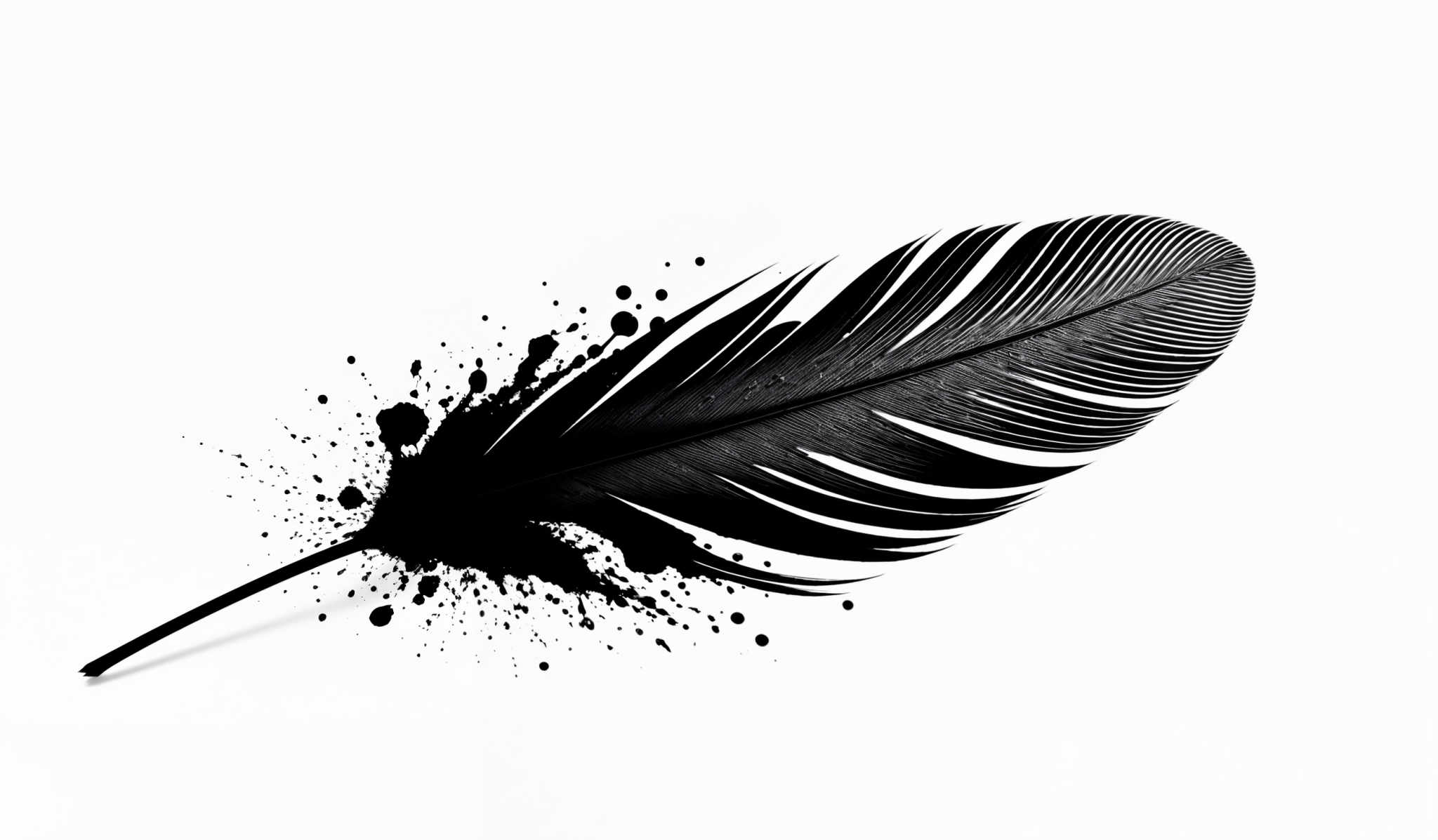 The image showcases a feather-like object that is predominantly black in color. The feather has a streamlined shape with a prominent central vein running through it. Surrounding the feather are splatters and droplets of black ink or paint, giving the impression that the feathers might have been used as a writing instrument or for some form of artistic expression.