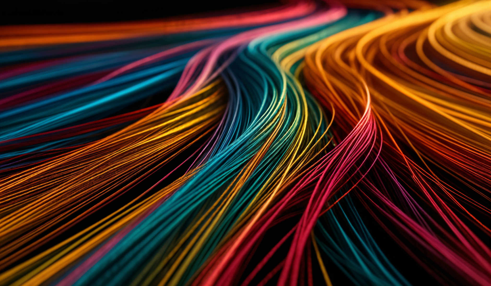 The image showcases a vibrant and intricate pattern of colorful strands or threads. These strands are woven together in a complex interplay of colors, including shades of blue, red, yellow, and orange. The shape is reminiscent of flowing tendrils or waves, giving the image a dynamic and fluid appearance. The strands appear to be intertwined and overlapping, creating a sense of depth and movement.