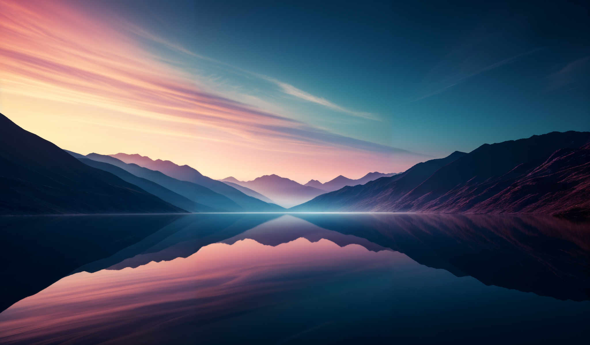 The image showcases a breathtaking landscape during what appears to be either dawn or dusk. The sky is painted with hues of pink, orange, and blue, with wispy clouds stretching across. The mountains in the background are dark and majestic, with their silhouettes contrasting against the vibrant sky. In the foreground, there's a calm body of water that perfectly reflects the sky and the mountains, creating a mirror-like effect. The symmetry of the image is further accentuated by the reflection in the water.