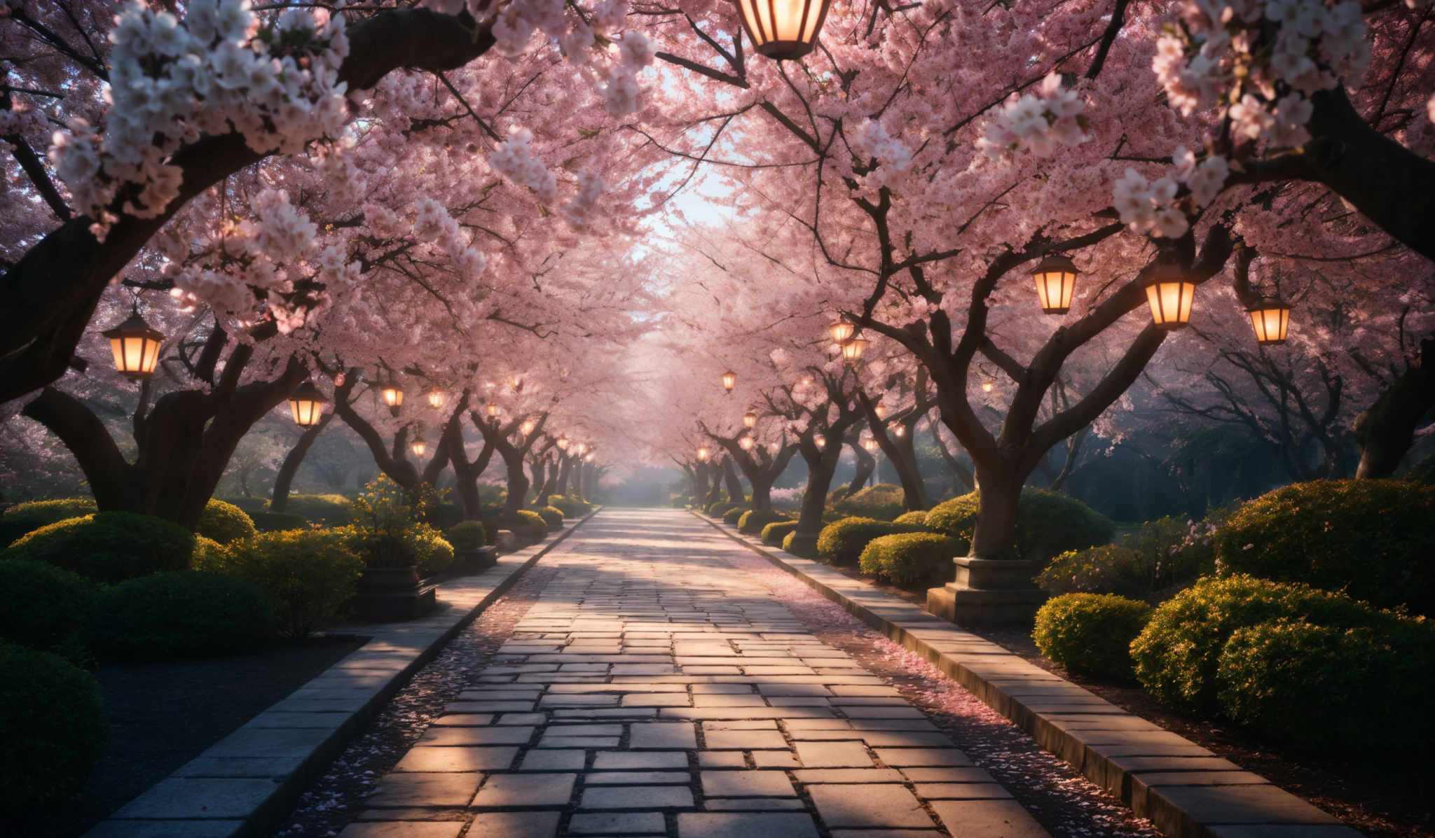 The image showcases a picturesque scene of a pathway lined with cherry blossom trees in full bloom. The trees have a dense canopy of pink blossoms, creating a tunnel-like effect over the pathway. Hanging from the branches are ornate lanterns that emit a warm, golden glow. The pathway itself is made of rectangular stone slabs, neatly arranged in a pattern that leads the viewer's eye deeper into the scene. On either side of the path, there are well-manicured bushes and shrubs in varying shades of green. The overall ambiance is serene, with the soft lighting from the lantern and the blossoming trees creating a dreamy and romantic atmosphere.