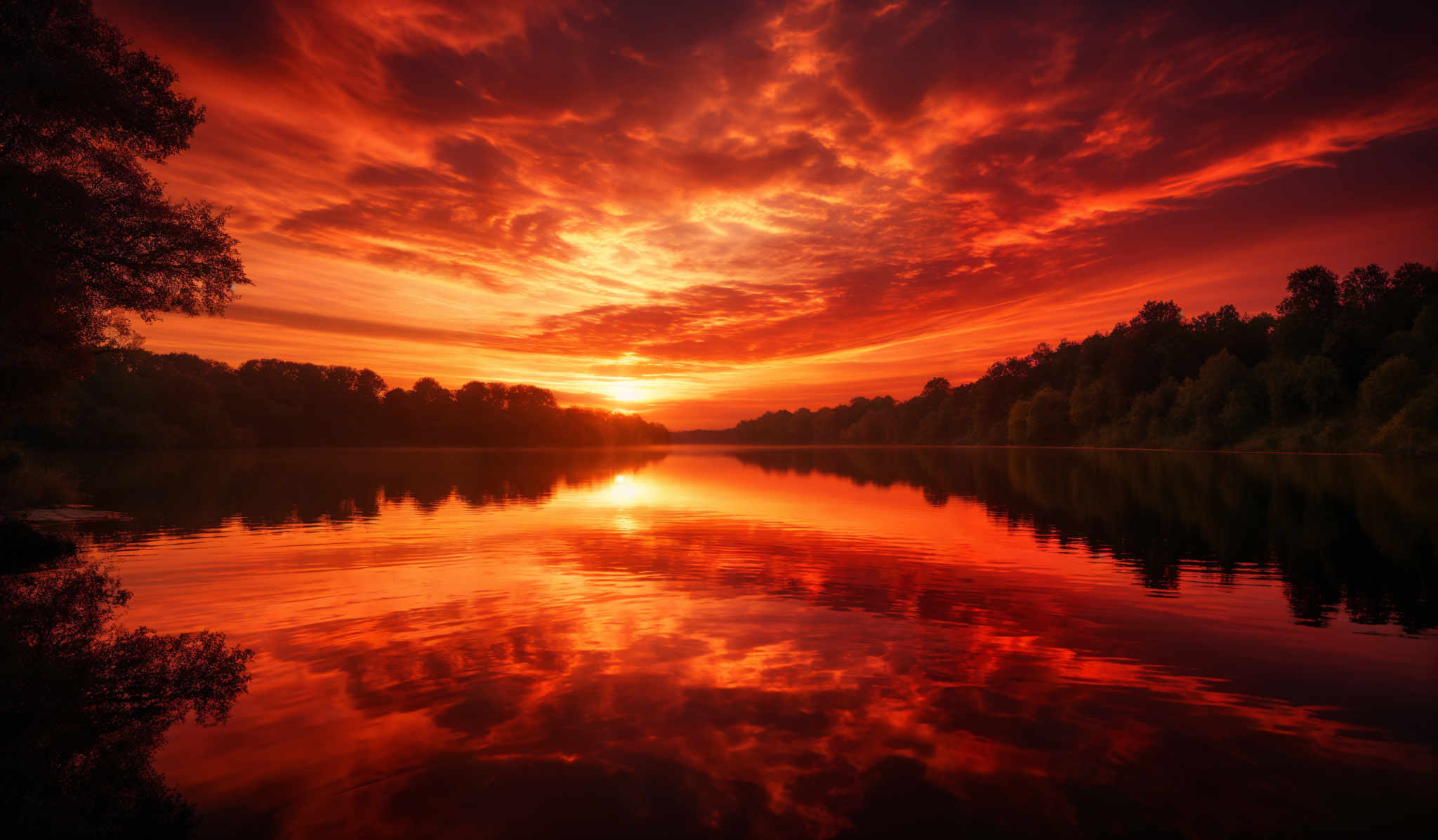 The image showcases a breathtaking sunset over a calm body of water. The sky is painted with vibrant hues of orange, red, and gold, with swirling cloud patterns that reflect the fiery colors. The sun, positioned near the horizon, casts a golden glow that illuminates the water below, creating a mirror-like reflection. On the left side, there's a silhouette of a tree, its branches extending outwards, adding depth to the scene. The horizon is lined with a dense collection of trees, creating an almost serene boundary between the sky and the land.