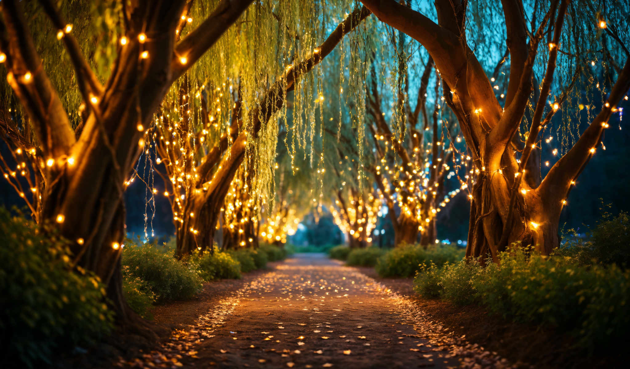 A path of lighted lanterns in a park.