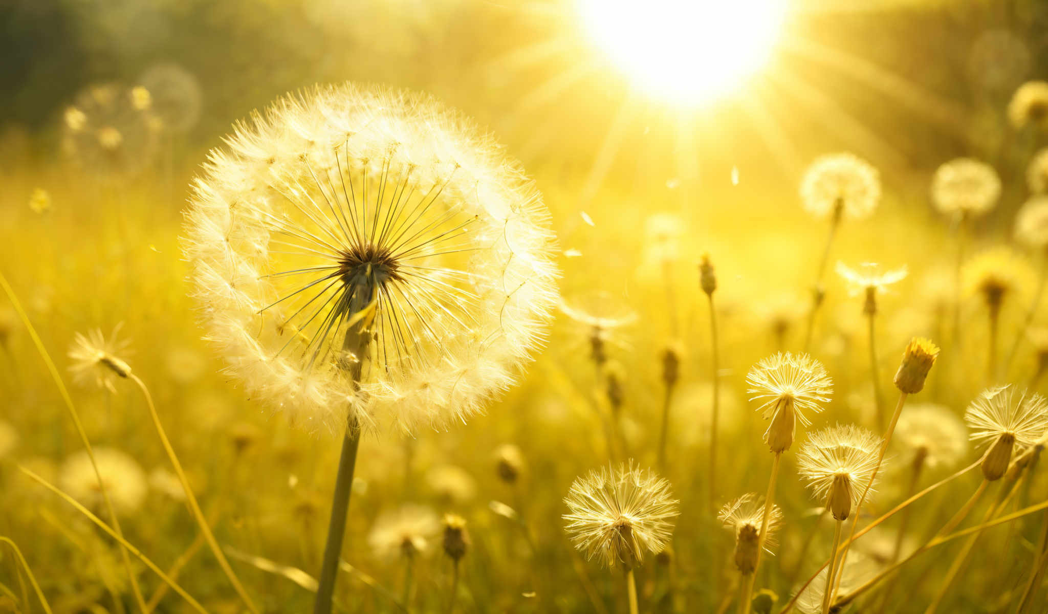 A field of dandelions with the sun shining in the background.