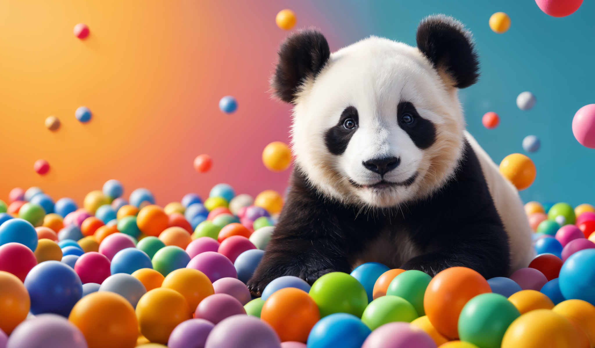 A black and white panda is surrounded by a colorful ball pit.