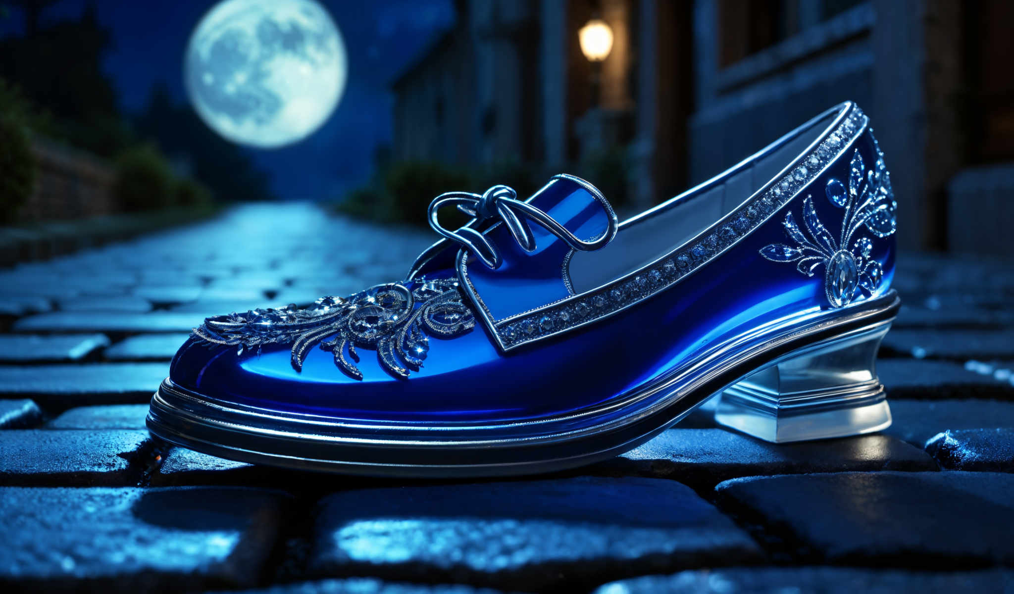 A blue shoe with a silver bow and silver rhinestones on the side.