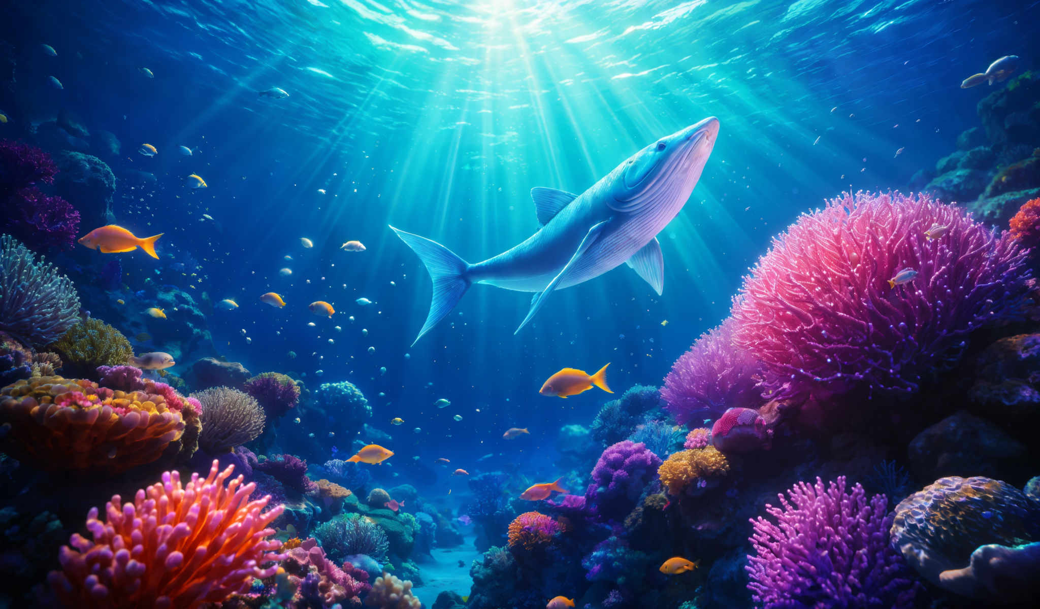 A blue shark is swimming in a coral reef filled with colorful fish.