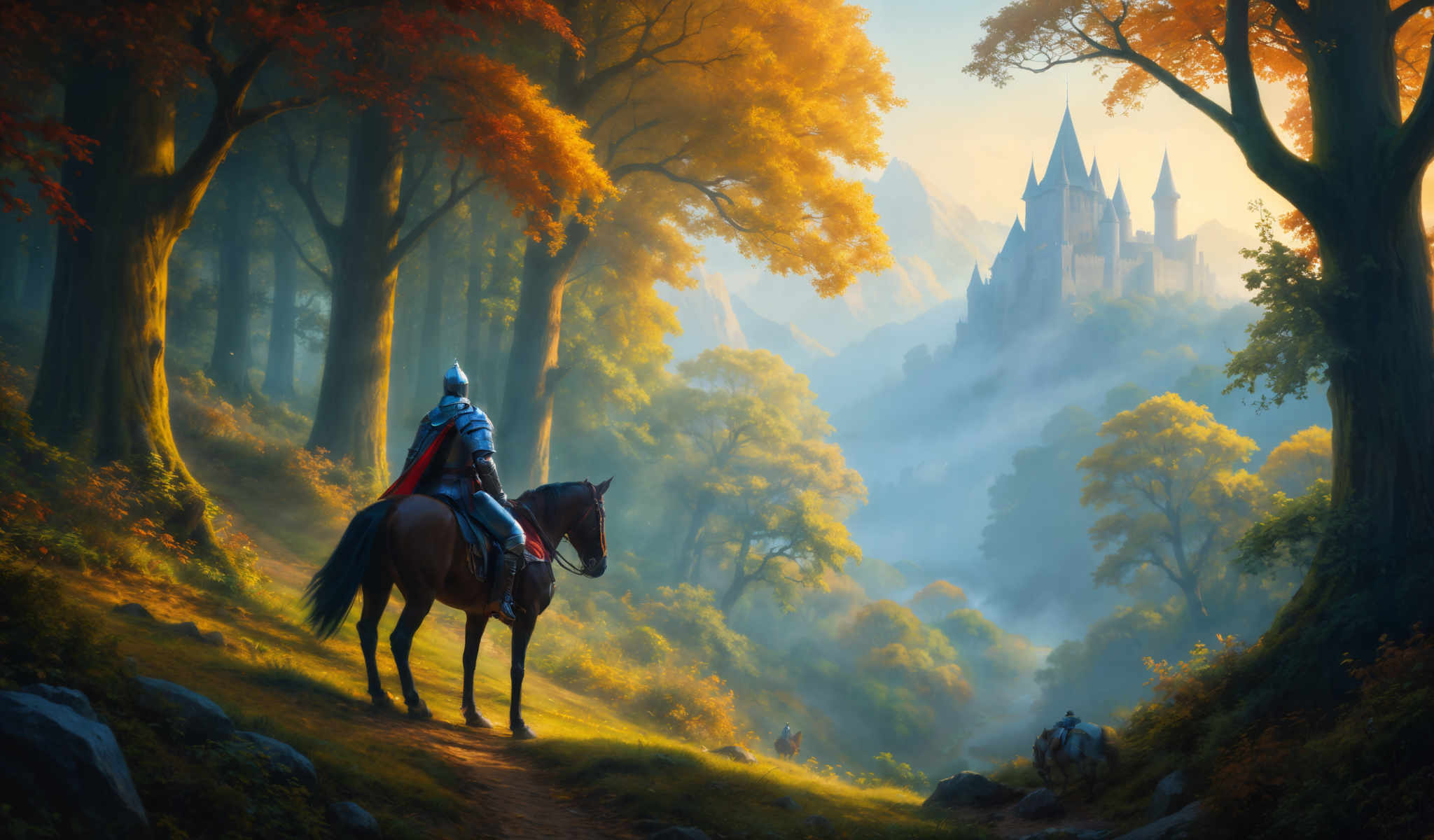 A knight on a horse in front of a castle.