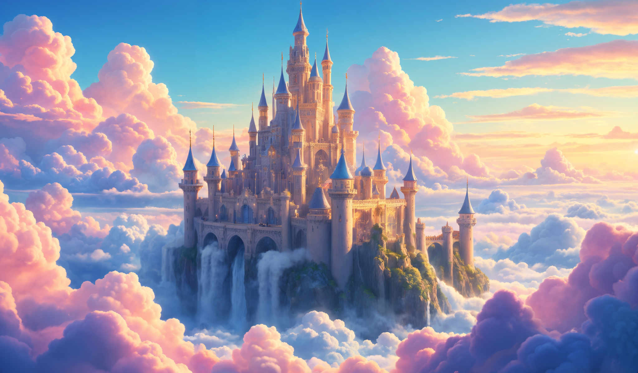 A castle made of stone with a blue roof and turrets. The castle is surrounded by a body of water with a waterfall. The sky is blue with pink and white clouds.