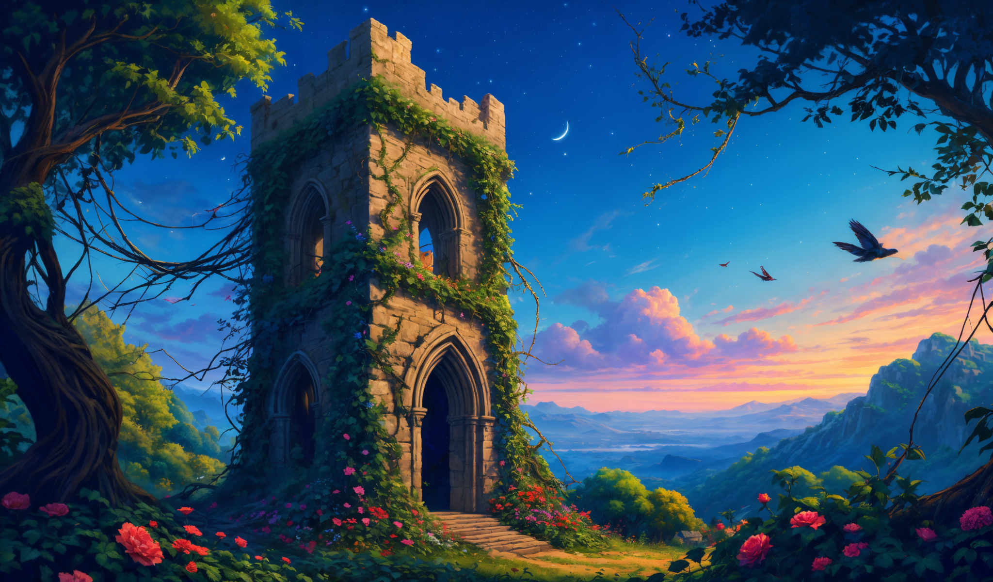 A medieval castle with a tower and a moat surrounded by a garden with flowers and trees. The castle is made of stone and has a flag on top. The garden is full of life with a variety of flowers and plants. The sky is blue with a full moon and a few birds flying in the background. The image is a beautiful representation of a peaceful and serene landscape.