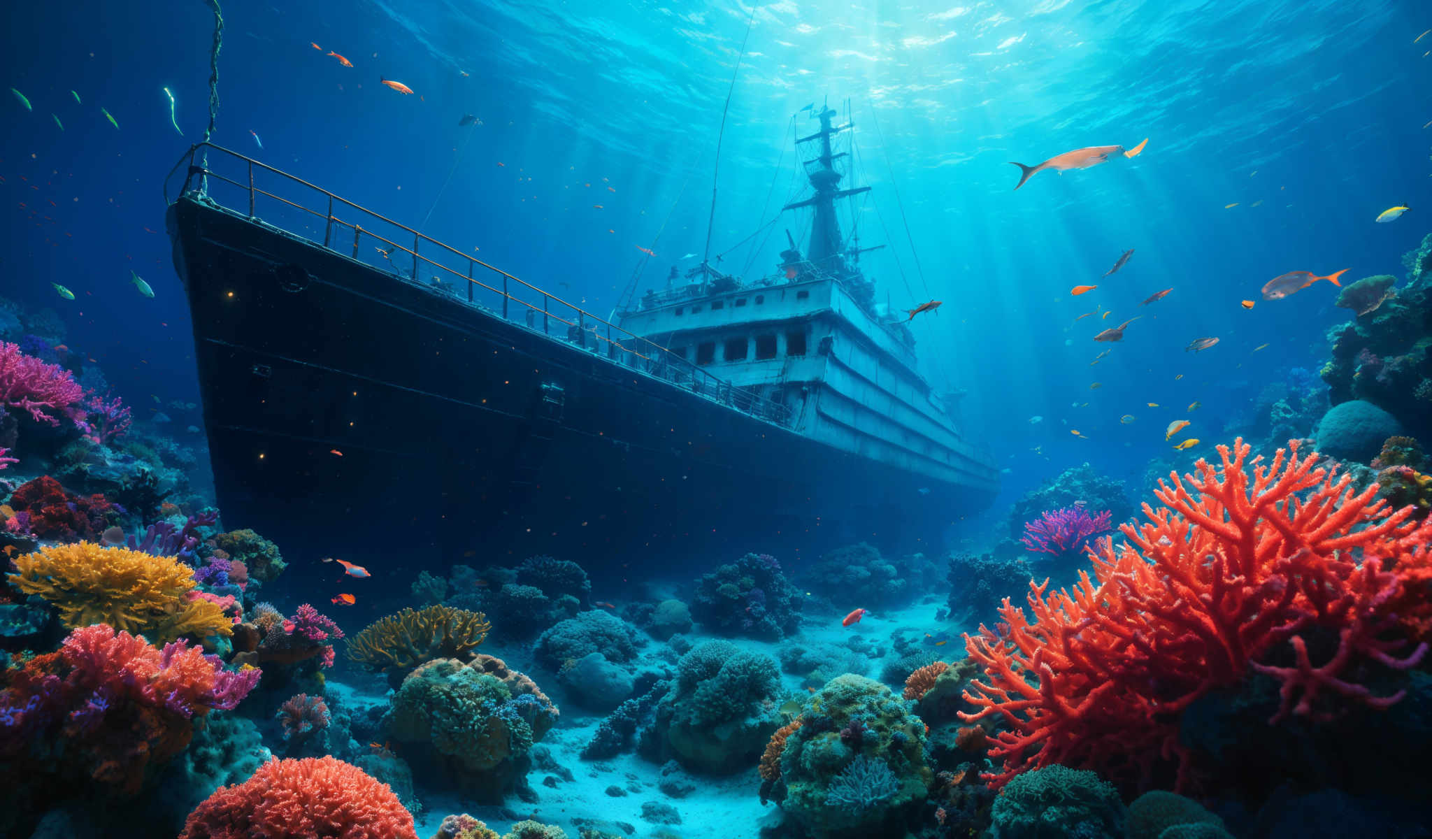 A large ship with a mast and a flag on top is surrounded by a vibrant underwater scene. The ship is in the center of the frame with a multitude of colorful fish swimming around it. The water is a deep blue and the ship is surrounded on all sides by coral and other marine life. The sun is shining brightly in the background illuminating the scene and casting a warm glow on the ship and the surrounding water. The image captures the beauty and diversity of marine life as well as the impressive size and design of the ship.