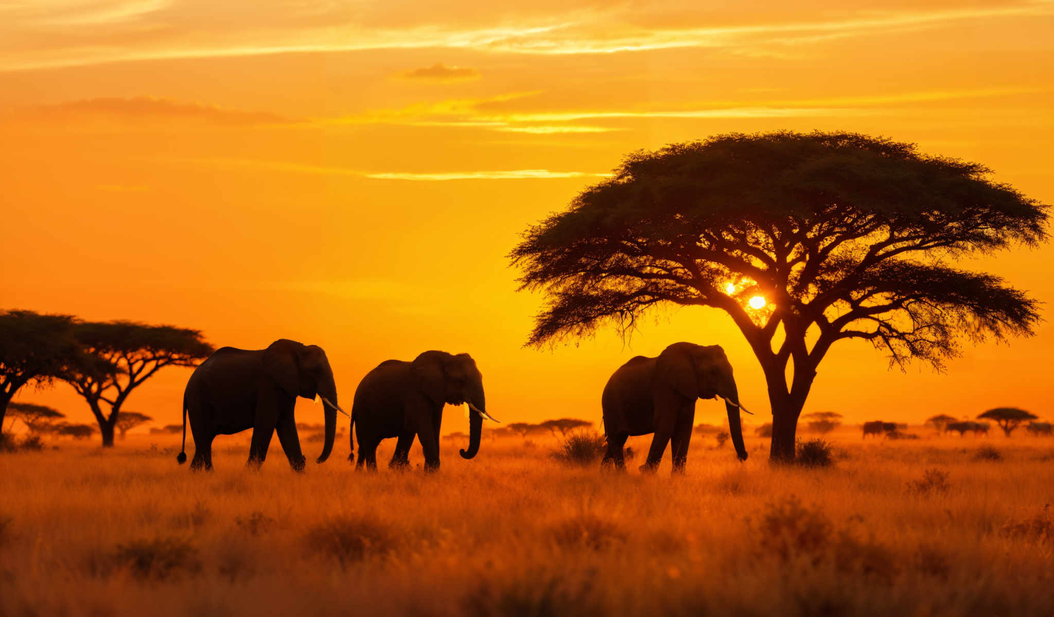 A group of elephants walking in a field at sunset.