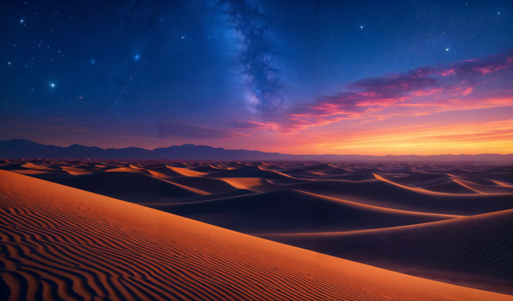 A desert landscape with a sunset in the background.