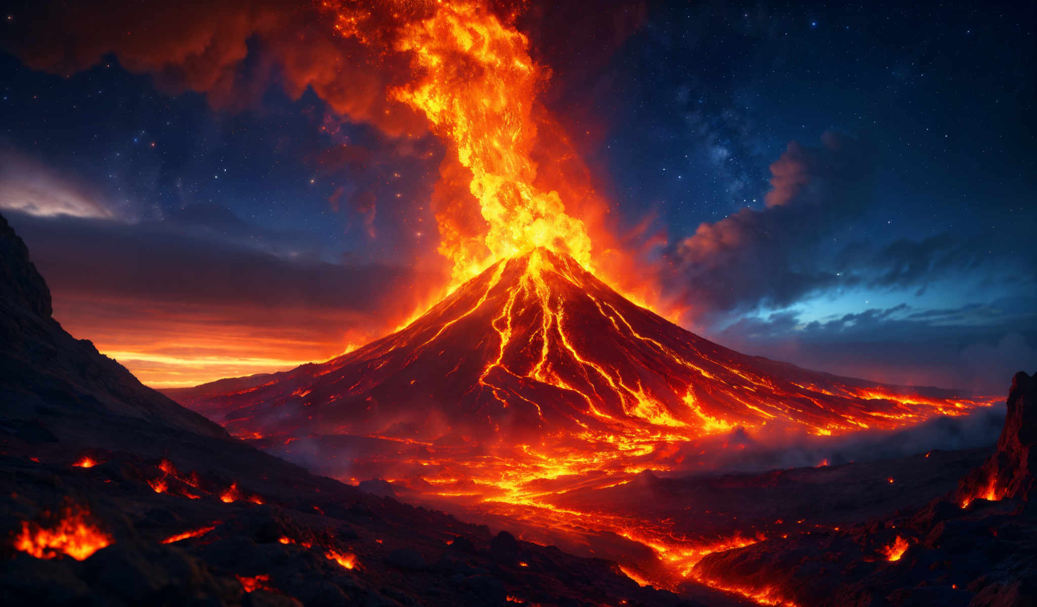 A large volcanic eruption with bright orange flames and a bright blue sky.