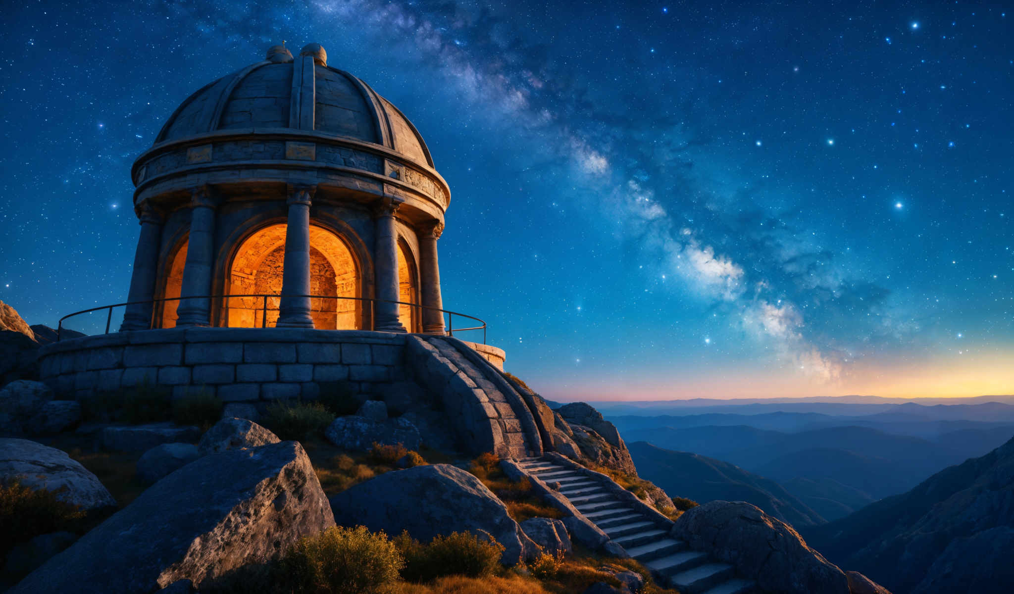 A large dome structure with a light inside surrounded by rocks and a staircase.