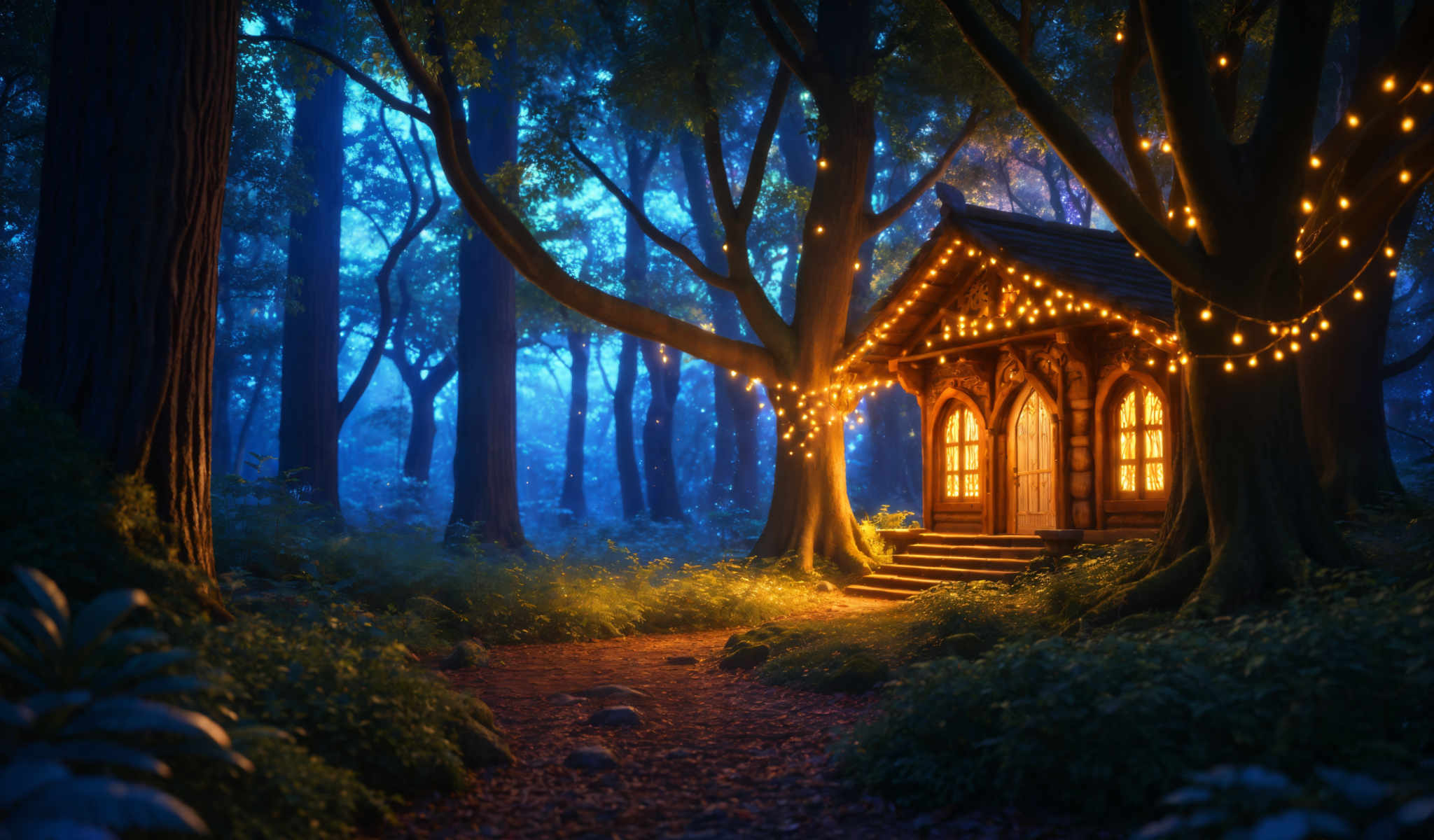 A small wooden cabin with a tree growing on it. The cabin is lit up with lights and has a small porch. The tree is covered in leaves and has lights hanging from it.