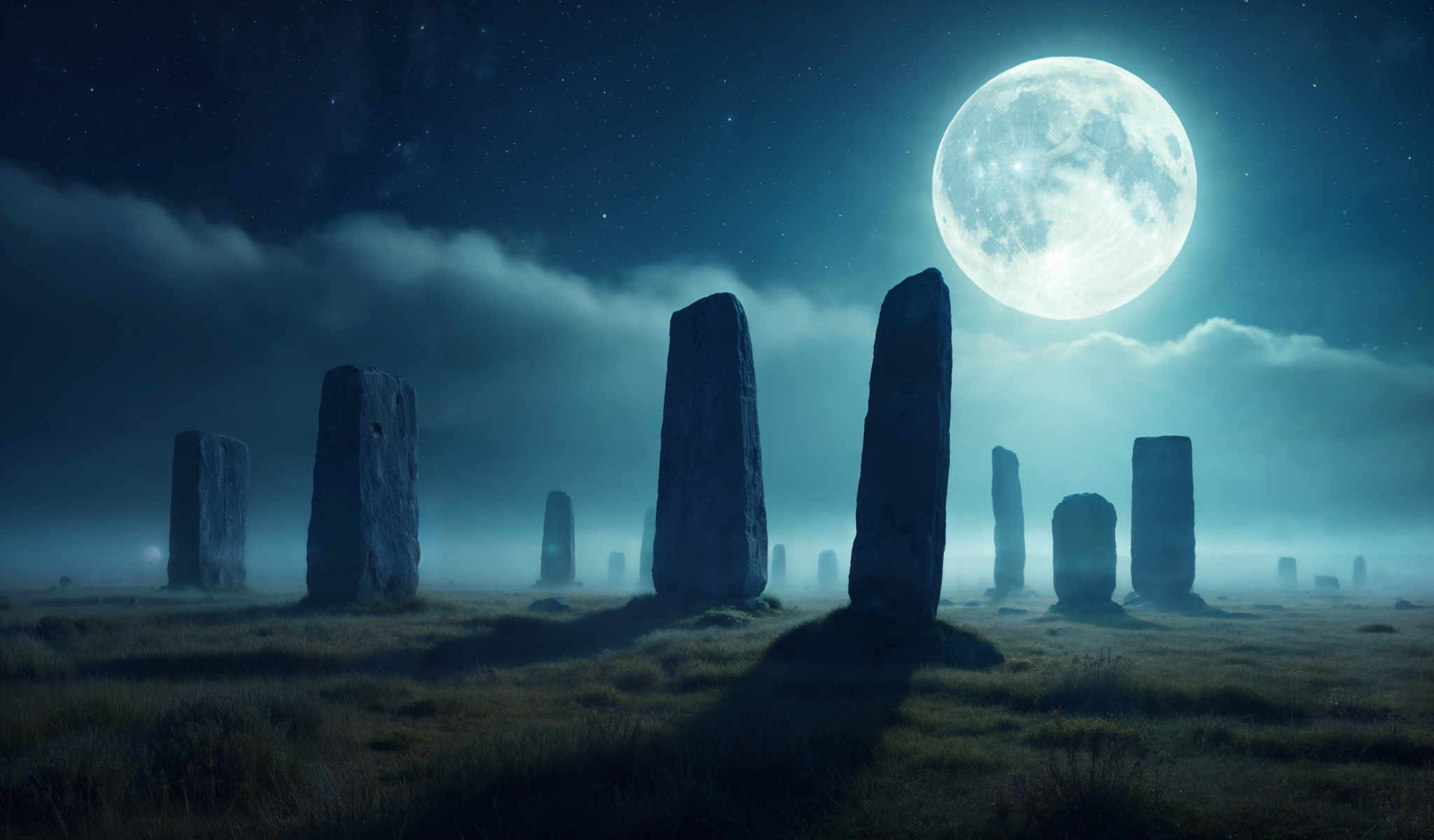 A moonlit night with a foggy landscape and tall dark blue stones.