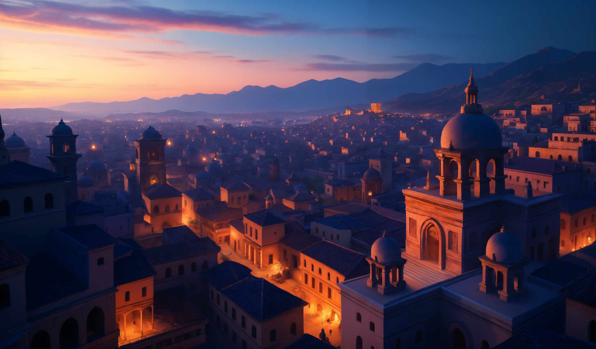 A cityscape at dusk with a large dome and a clock tower.