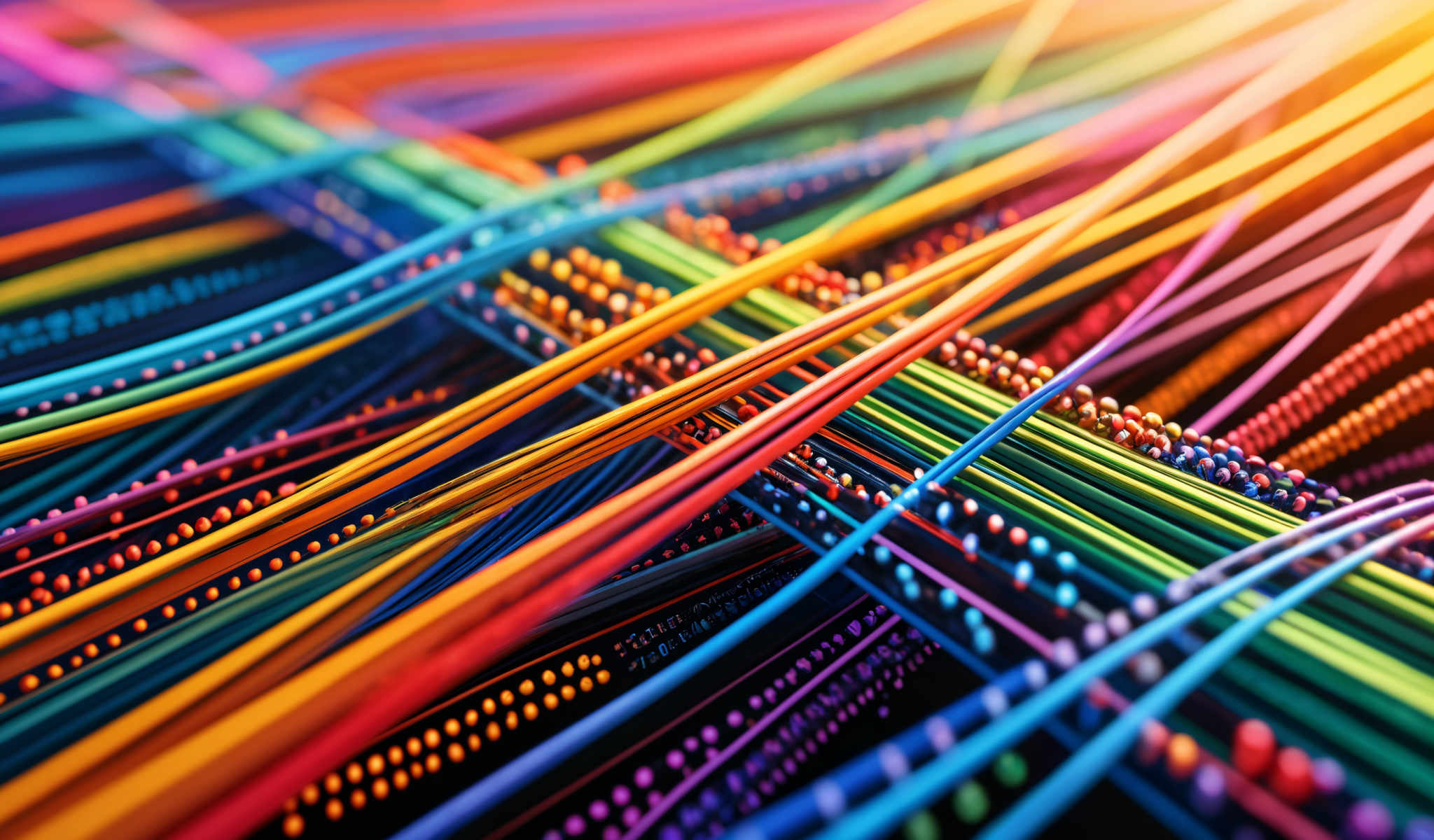 A close up of a complex network of multicolored wires.