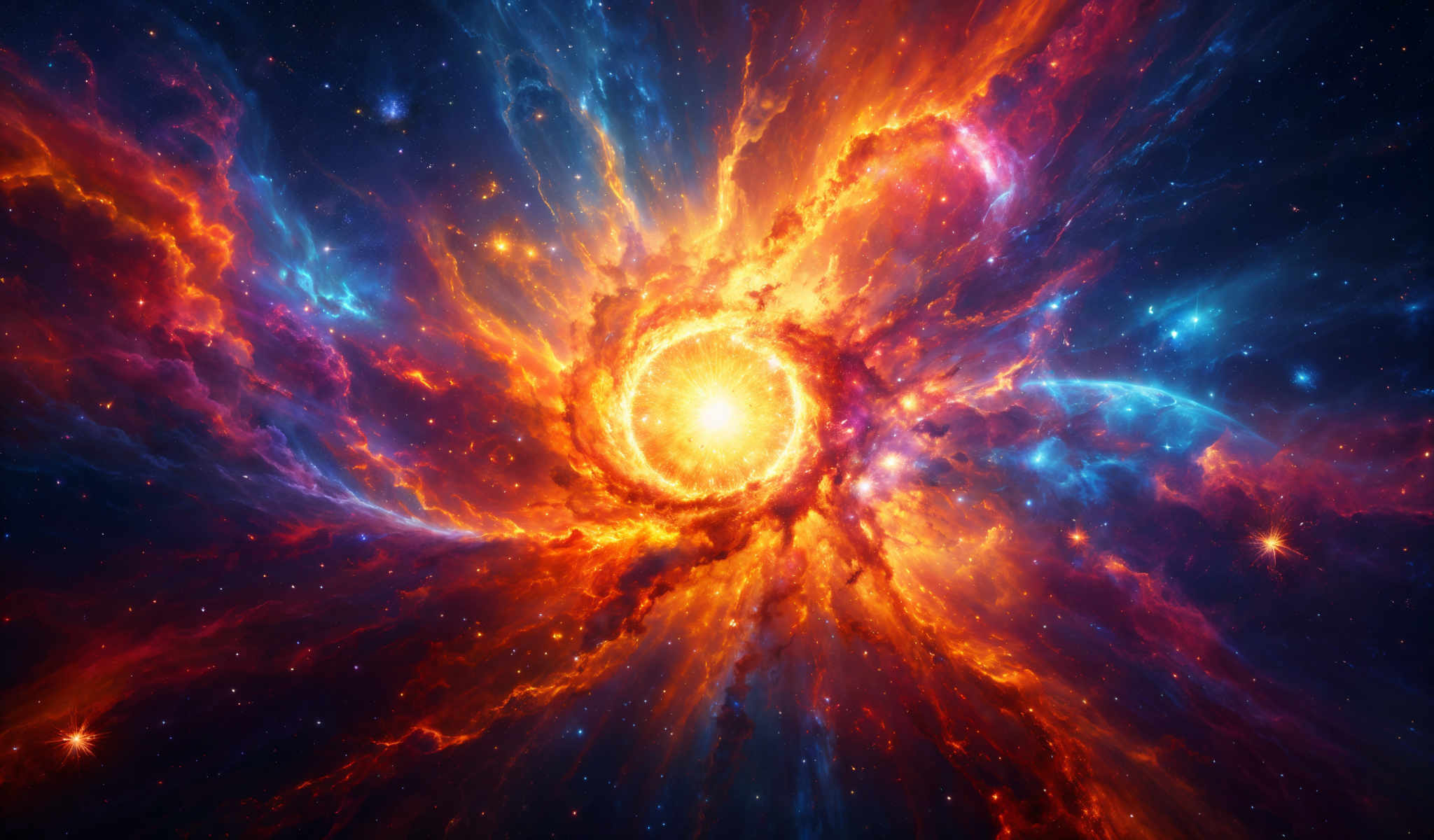 A cosmic explosion of light and color with a bright orange center.